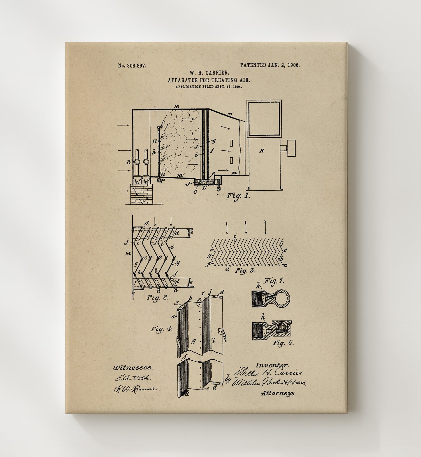Patent Print - Apparatus For Treating Air - Willis H Carrier - 1906 - Patent 808897 Patent Wall Art