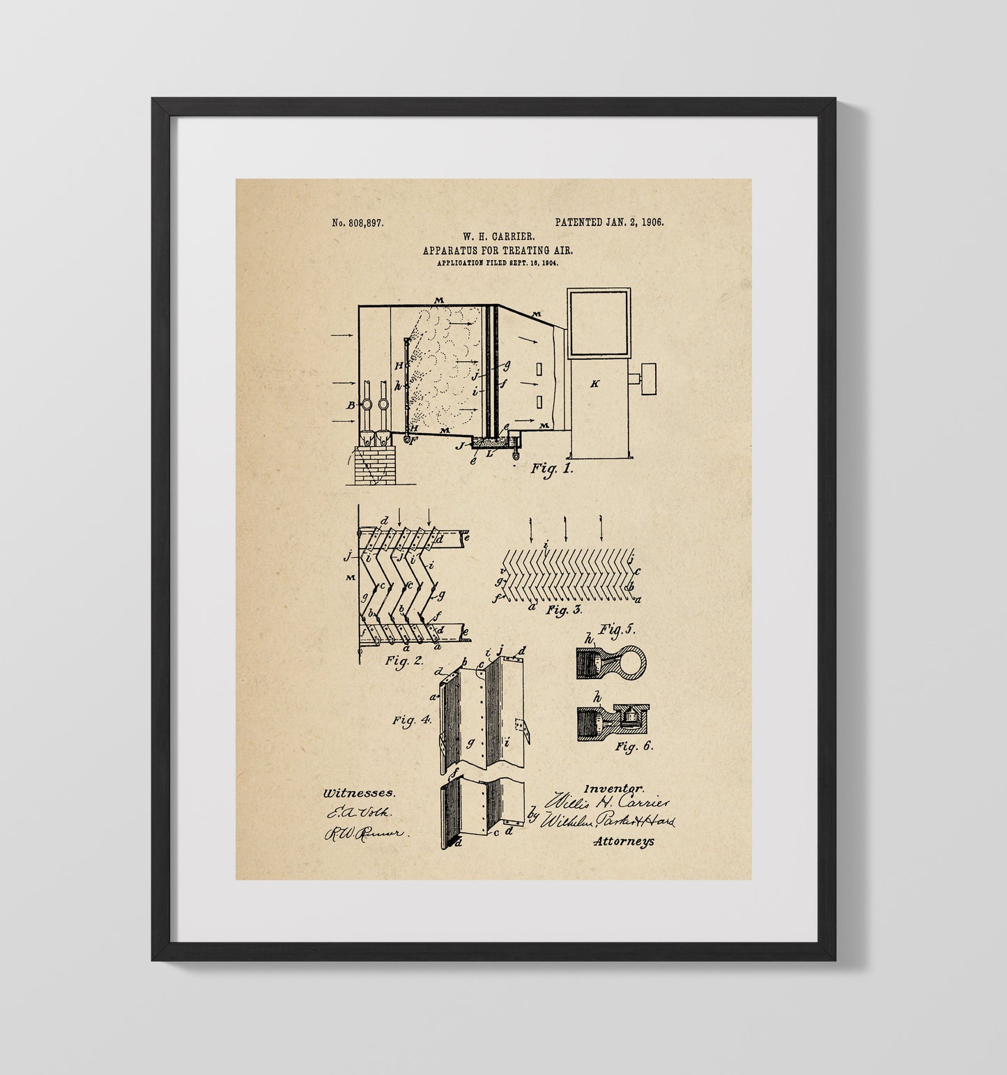 Patent Print - Apparatus For Treating Air - Willis H Carrier - 1906 - Patent 808897 Patent Wall Art