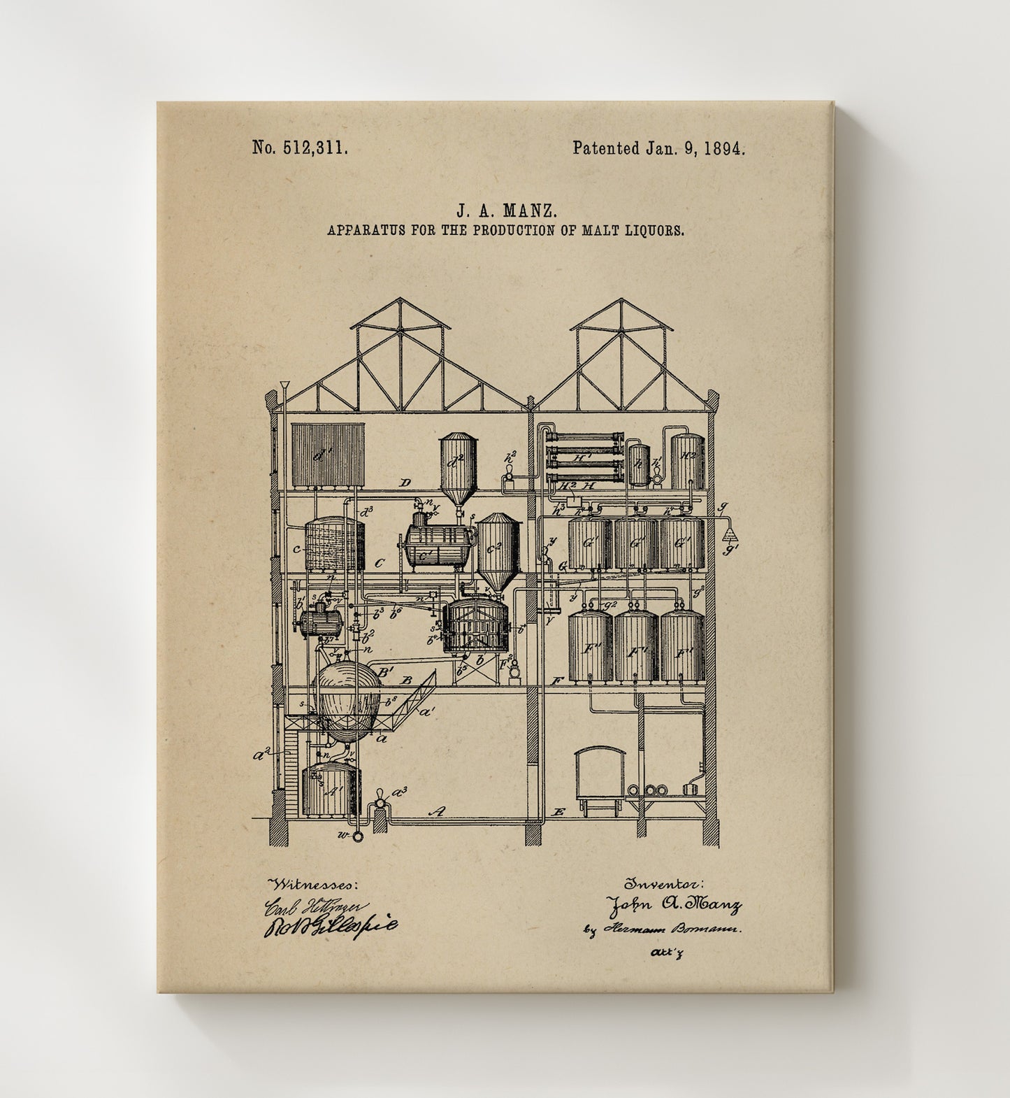 Patent Print - Apparatus For The Production Of Malt Liquors - J.A. Manz - 1894 - Patent 512311 Patent Wall Art