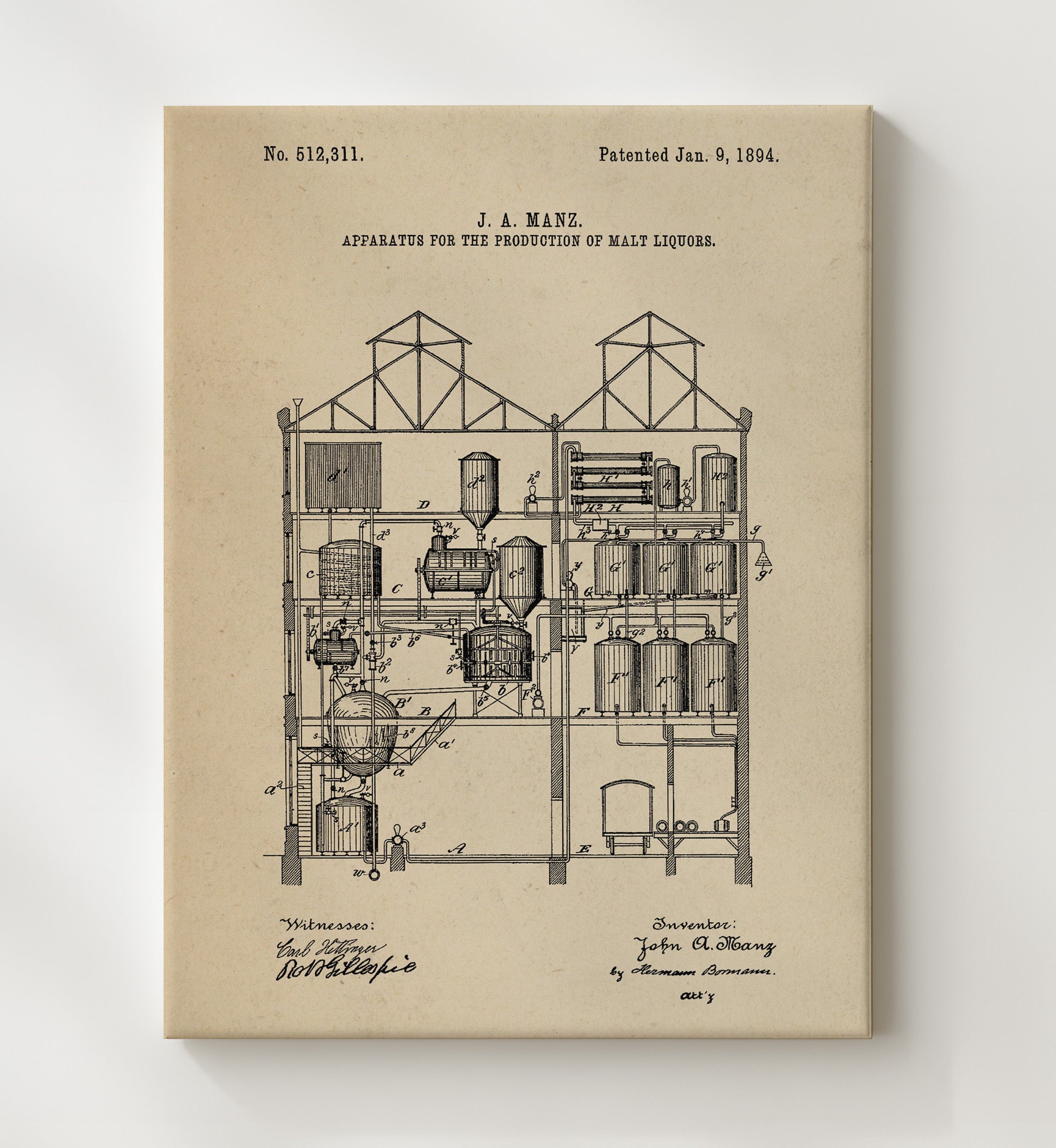 Patent Print - Apparatus For The Production Of Malt Liquors - J.A. Manz - 1894 - Patent 512311 Patent Wall Art
