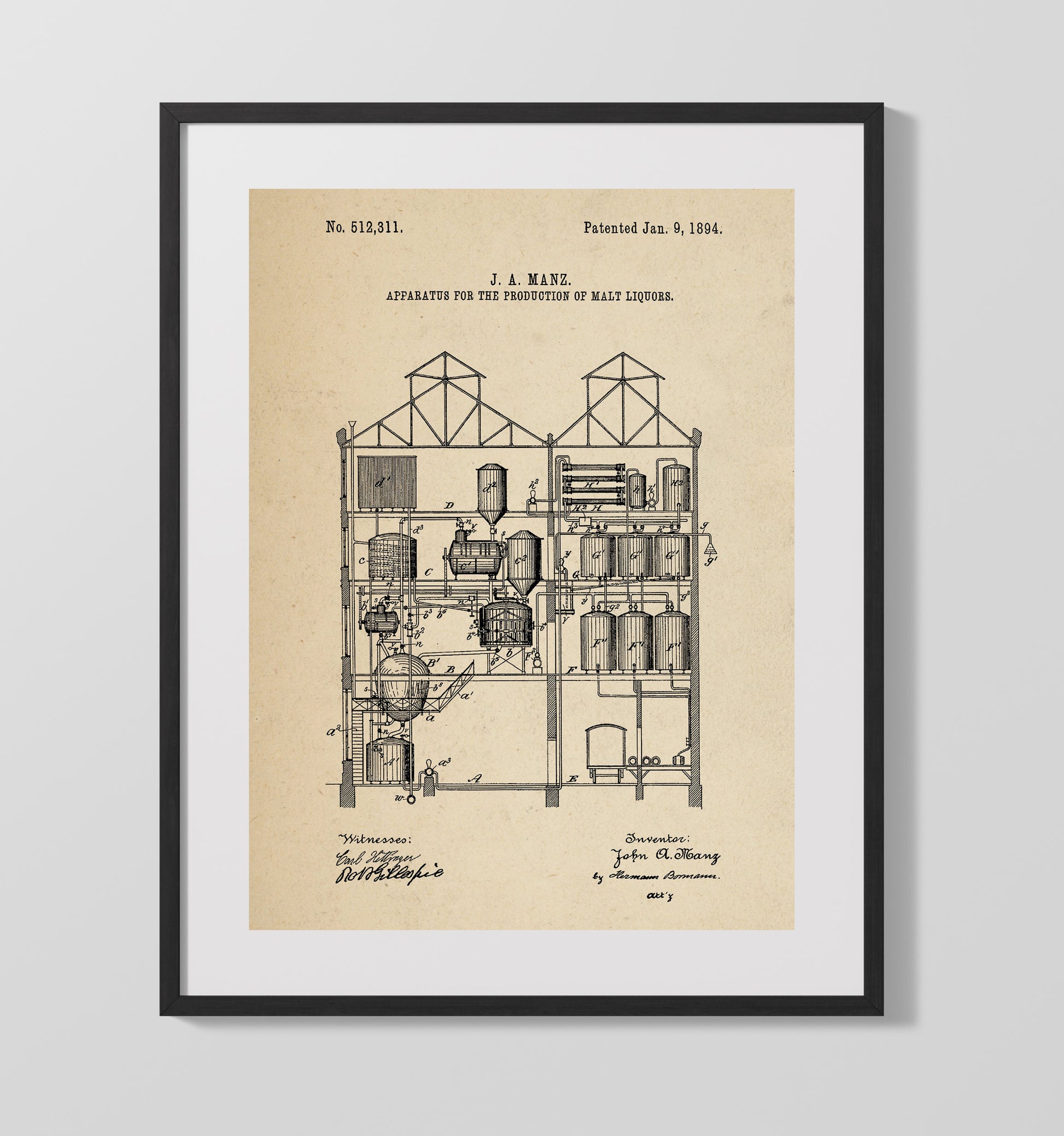 Patent Print - Apparatus For The Production Of Malt Liquors - J.A. Manz - 1894 - Patent 512311 Patent Wall Art