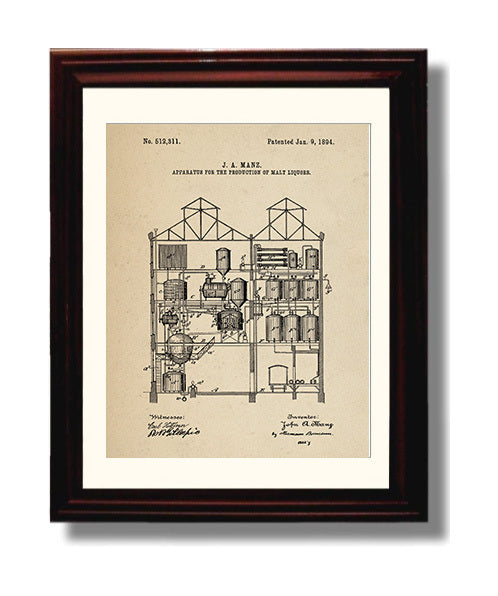 Patent Print - Apparatus For The Production Of Malt Liquors - J.A. Manz - 1894 - Patent 512311 Patent Wall Art