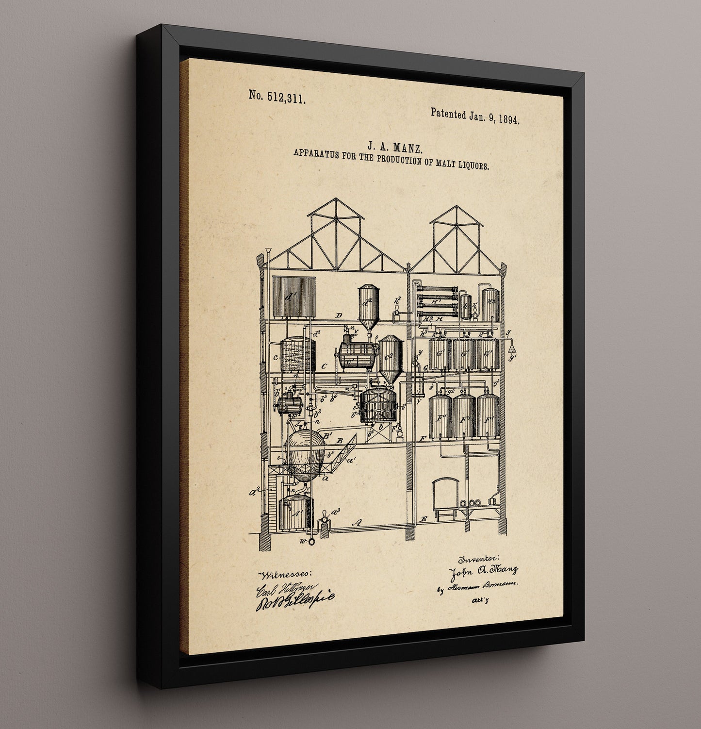 Patent Print - Apparatus For The Production Of Malt Liquors - J.A. Manz - 1894 - Patent 512311 Patent Wall Art