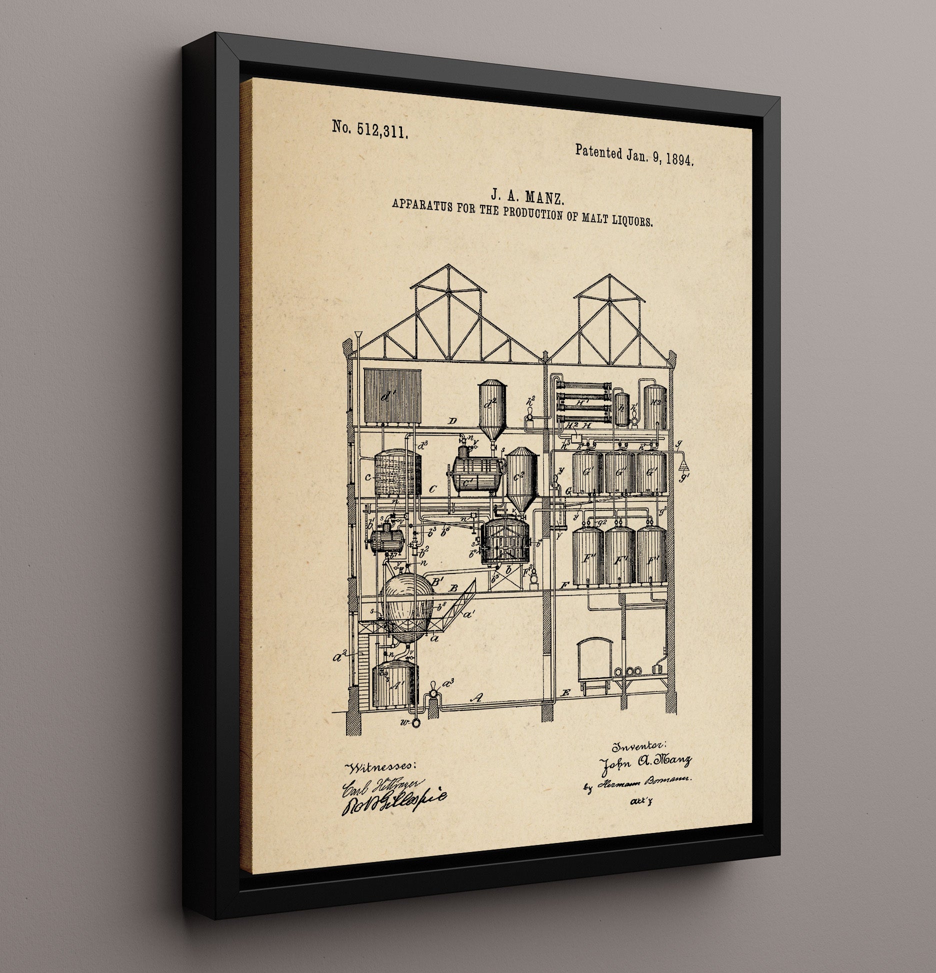 Patent Print - Apparatus For The Production Of Malt Liquors - J.A. Manz - 1894 - Patent 512311 Patent Wall Art