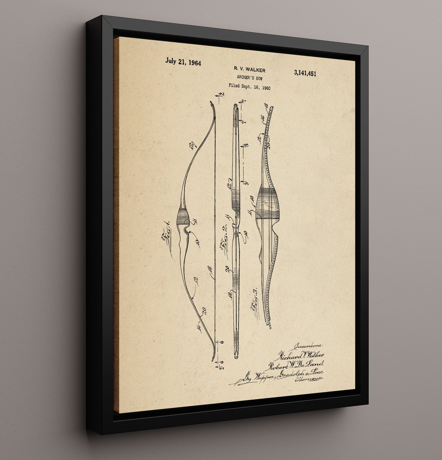Patent Print - Archers Bow - Richard V. Walker And Robert W. De Land - 1964 - Patent 3141451 Patent Wall Art