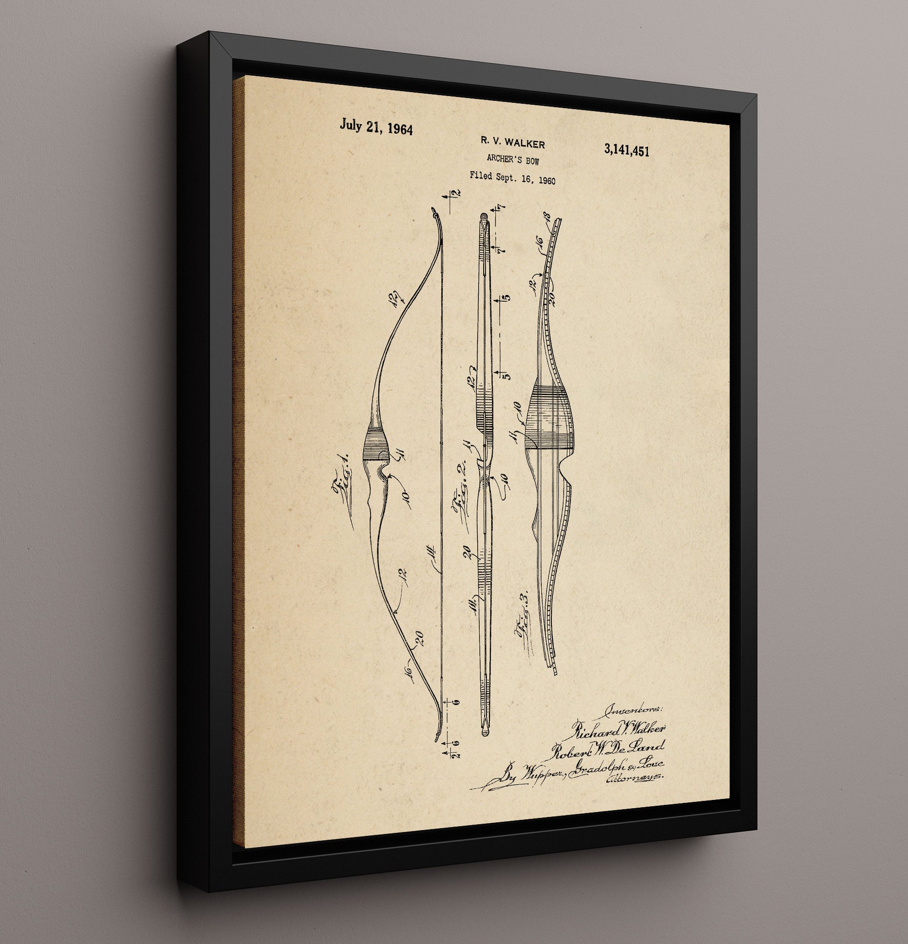 Patent Print - Archers Bow - Richard V. Walker And Robert W. De Land - 1964 - Patent 3141451 Patent Wall Art