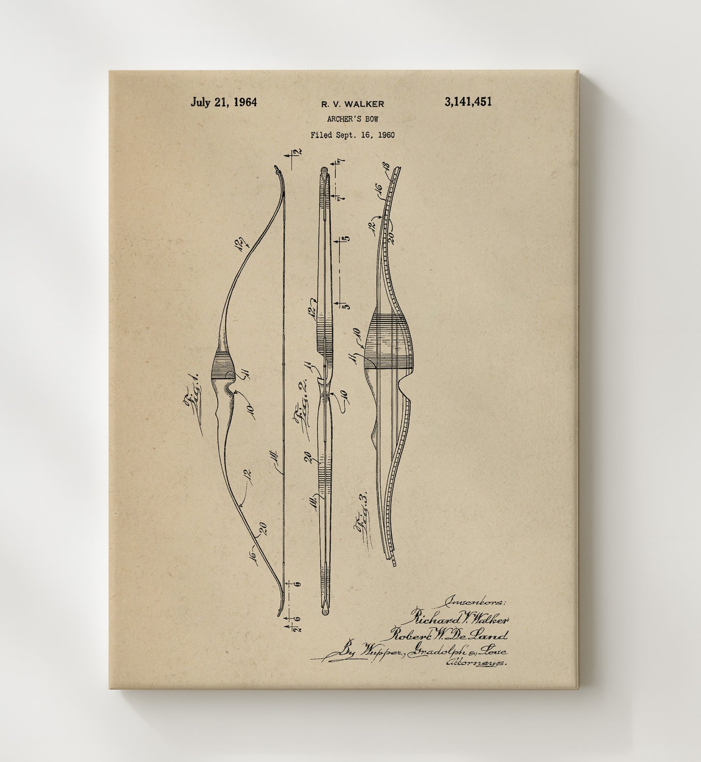 Patent Print - Archers Bow - Richard V. Walker And Robert W. De Land - 1964 - Patent 3141451 Patent Wall Art