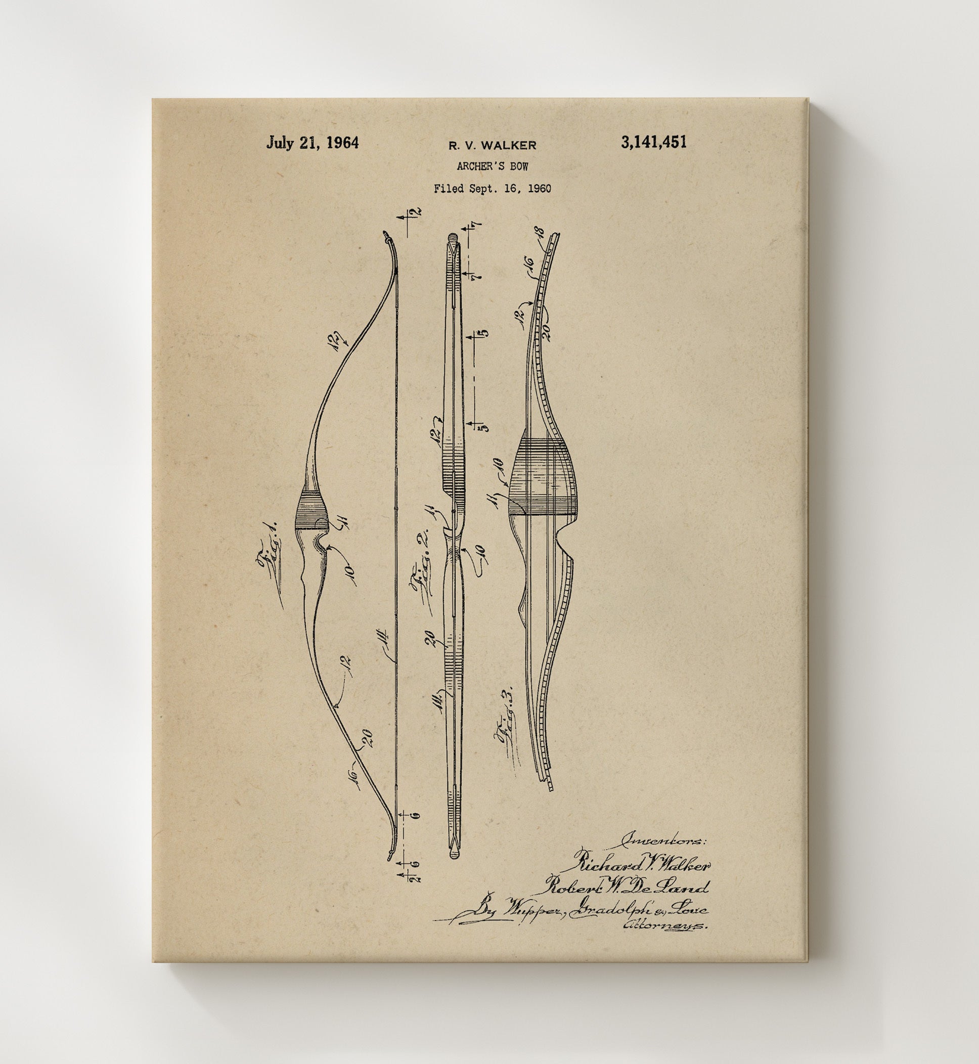 Patent Print - Archers Bow - Richard V. Walker And Robert W. De Land - 1964 - Patent 3141451 Patent Wall Art