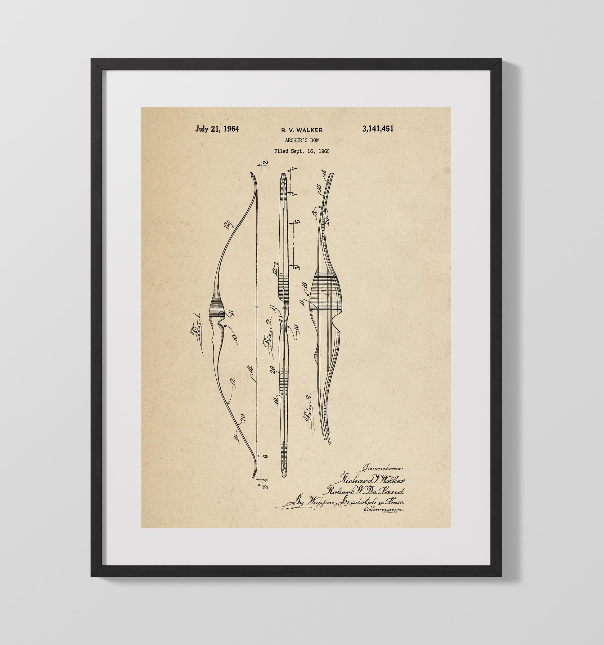 Patent Print - Archers Bow - Richard V. Walker And Robert W. De Land - 1964 - Patent 3141451 Patent Wall Art