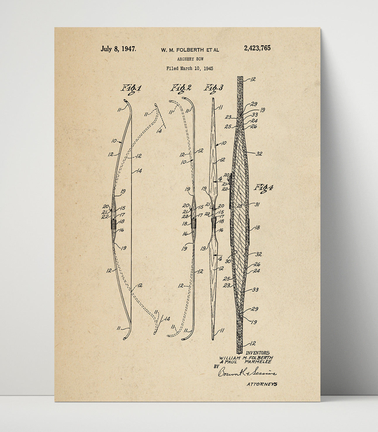 Patent Print - Archery Bow - William M. Folberth And Paul Parmelee - 1947 - Patent 2423765 Patent Wall Art