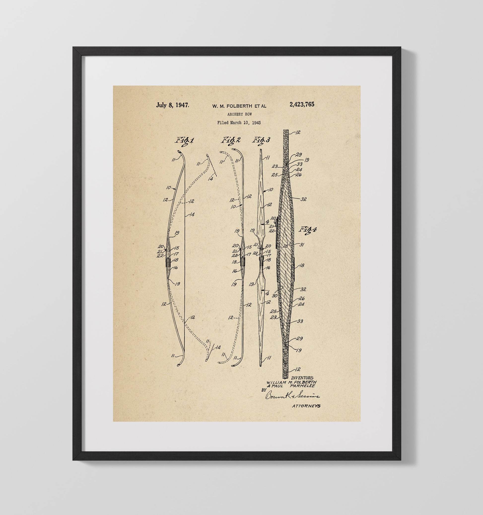 Patent Print - Archery Bow - William M. Folberth And Paul Parmelee - 1947 - Patent 2423765 Patent Wall Art
