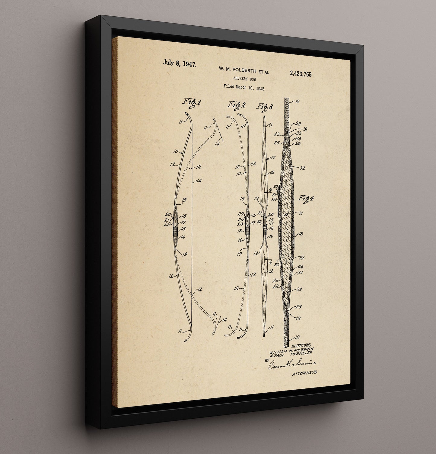 Patent Print - Archery Bow - William M. Folberth And Paul Parmelee - 1947 - Patent 2423765 Patent Wall Art