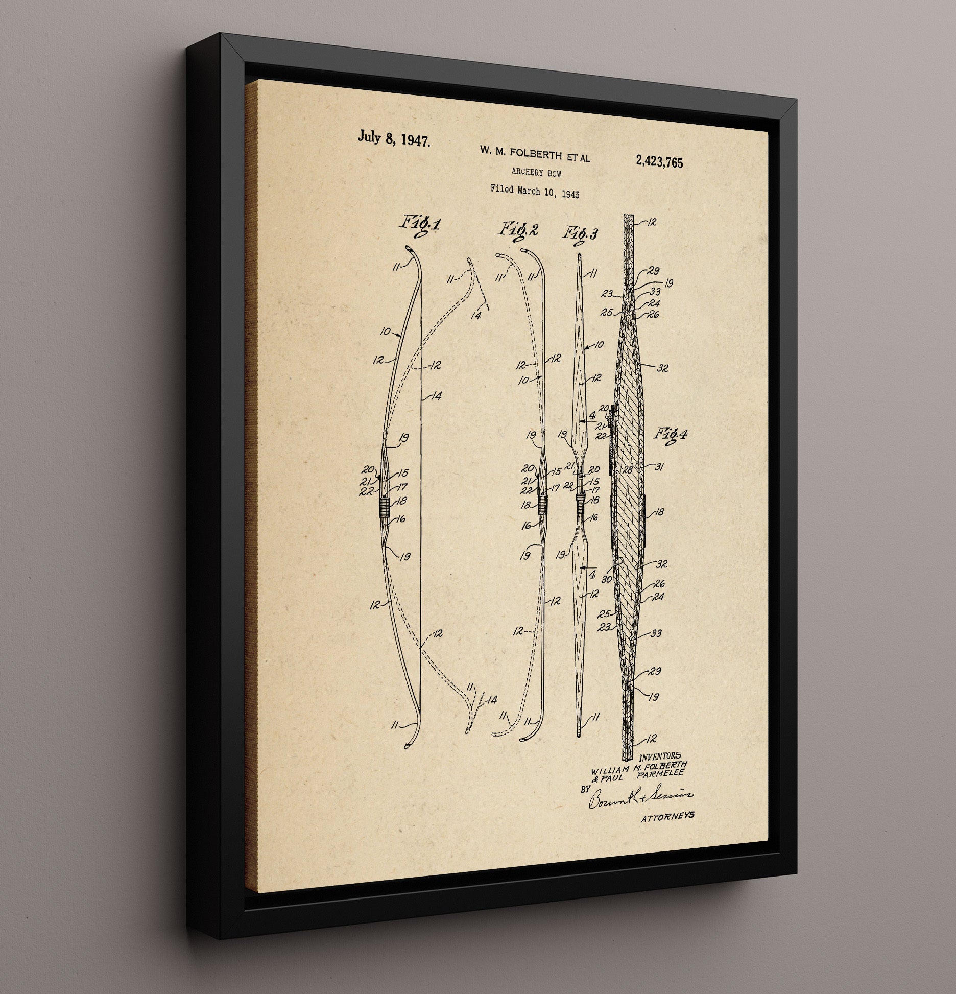 Patent Print - Archery Bow - William M. Folberth And Paul Parmelee - 1947 - Patent 2423765 Patent Wall Art