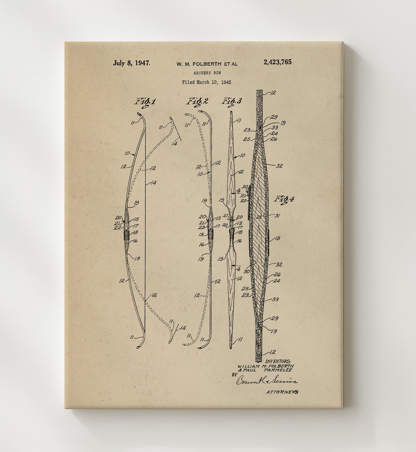 Patent Print - Archery Bow - William M. Folberth And Paul Parmelee - 1947 - Patent 2423765 Patent Wall Art