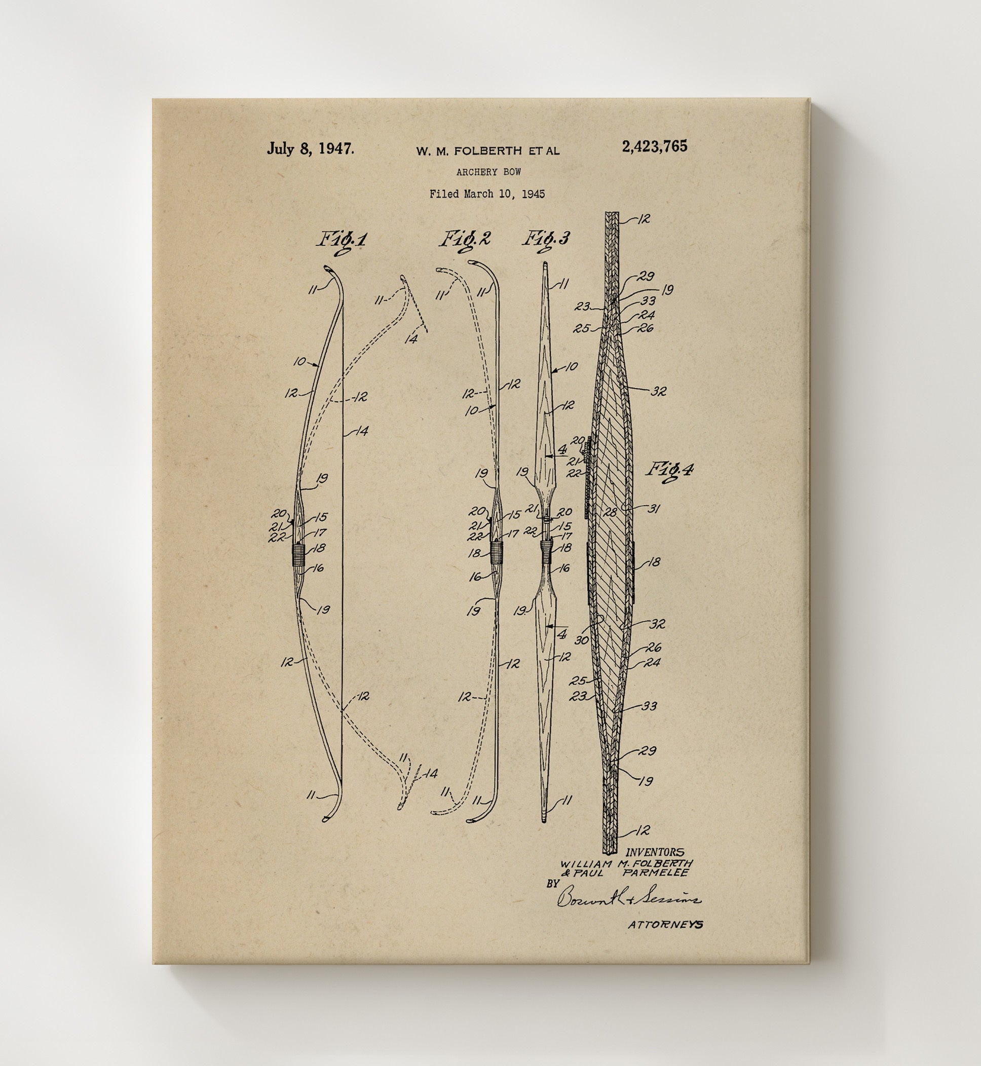 Patent Print - Archery Bow - William M. Folberth And Paul Parmelee - 1947 - Patent 2423765 Patent Wall Art
