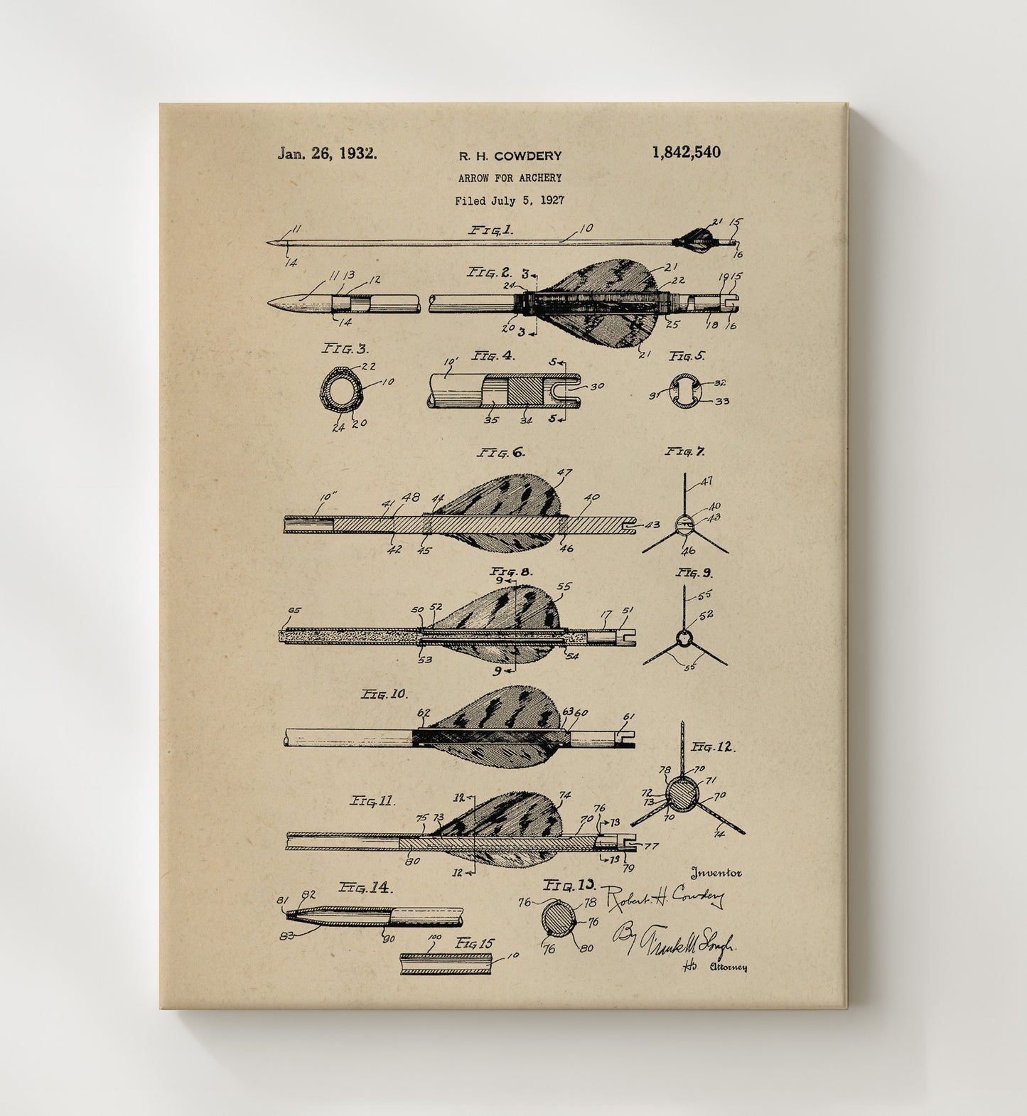 Patent Print - Arrow For Archery - R. H. Cowdery - 1932 - Patent 1842540 Patent Wall Art