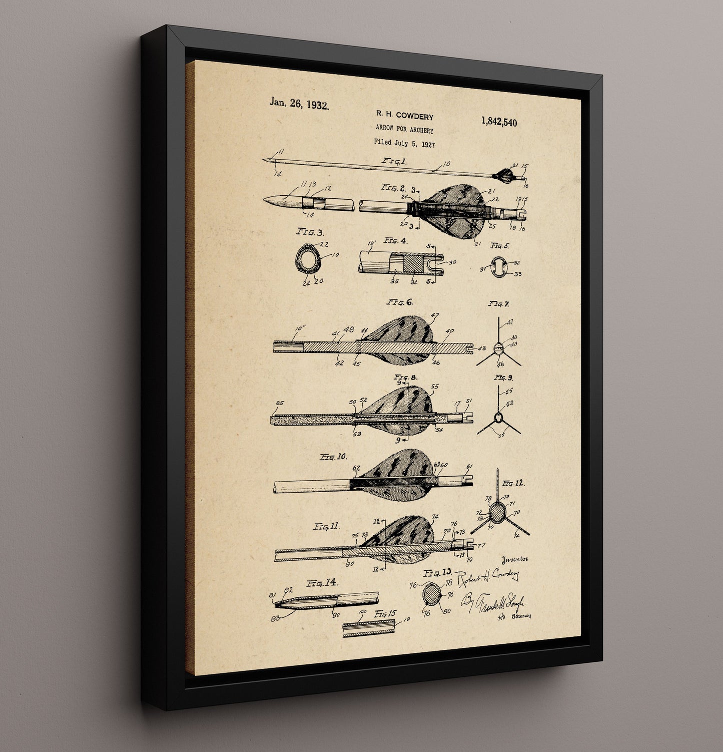Patent Print - Arrow For Archery - R. H. Cowdery - 1932 - Patent 1842540 Patent Wall Art