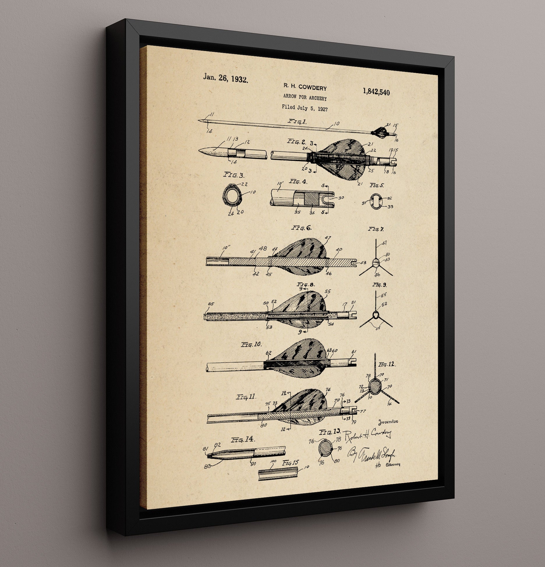 Patent Print - Arrow For Archery - R. H. Cowdery - 1932 - Patent 1842540 Patent Wall Art