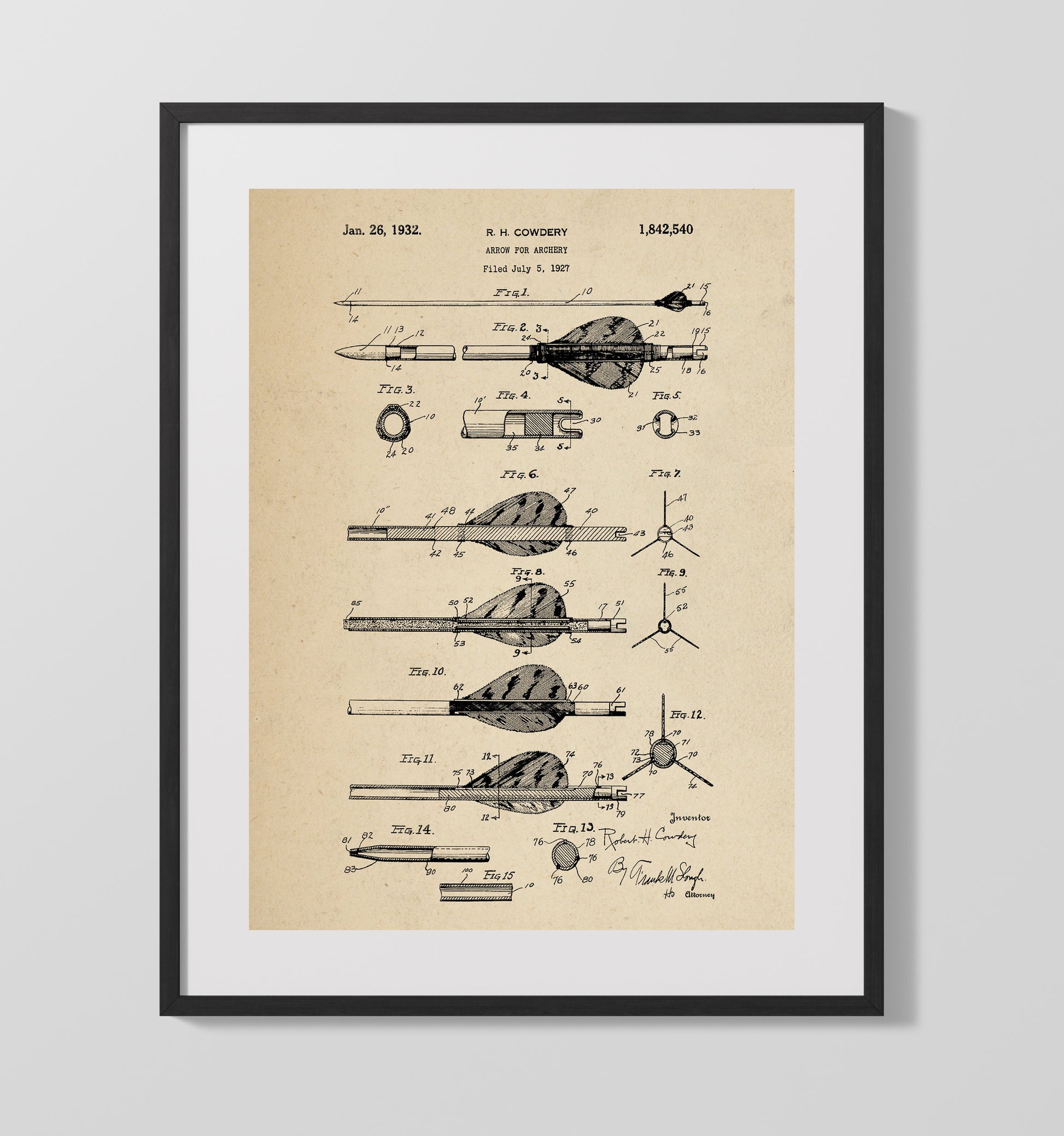 Patent Print - Arrow For Archery - R. H. Cowdery - 1932 - Patent 1842540 Patent Wall Art