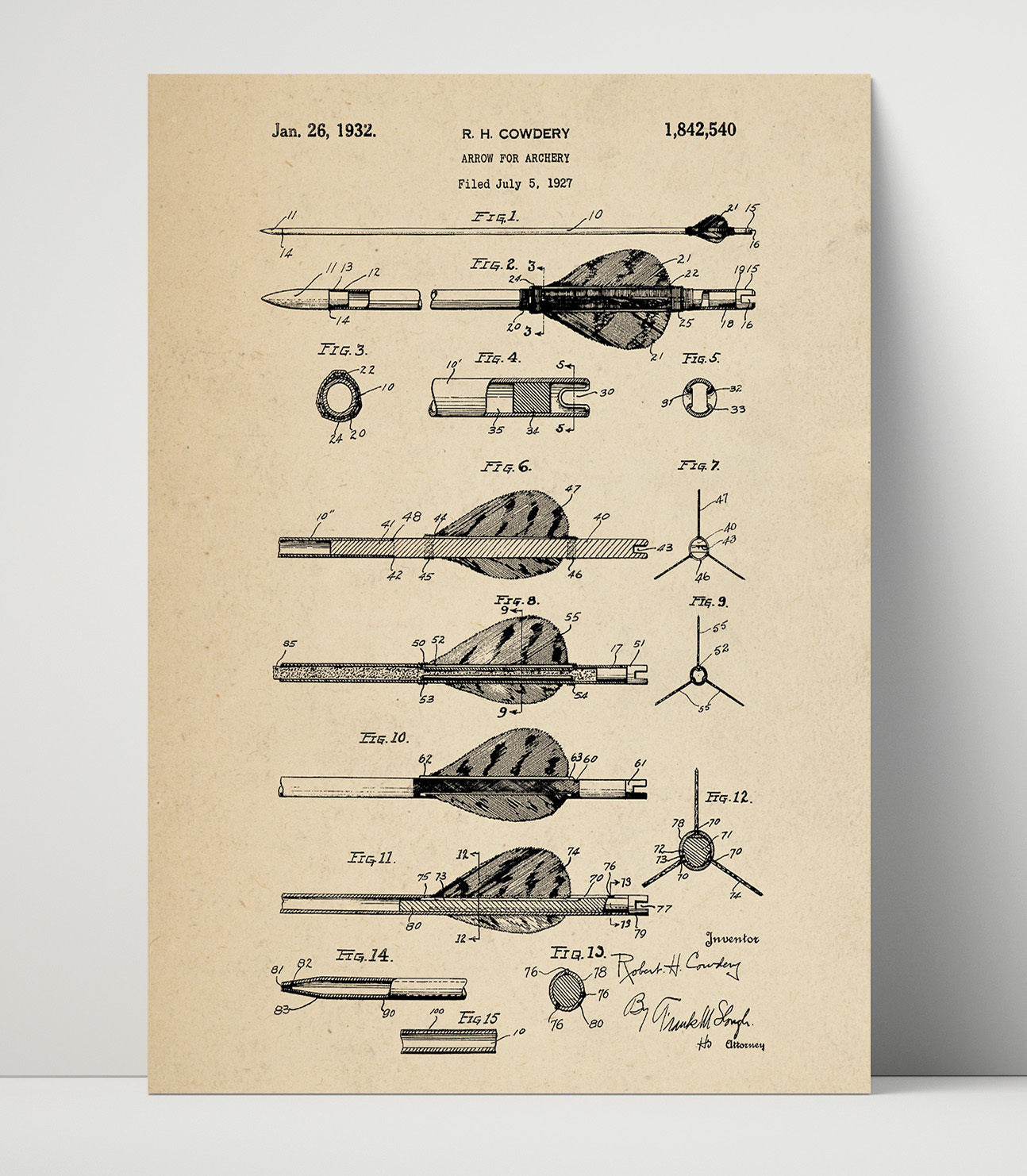 Patent Print - Arrow For Archery - R. H. Cowdery - 1932 - Patent 1842540 Patent Wall Art