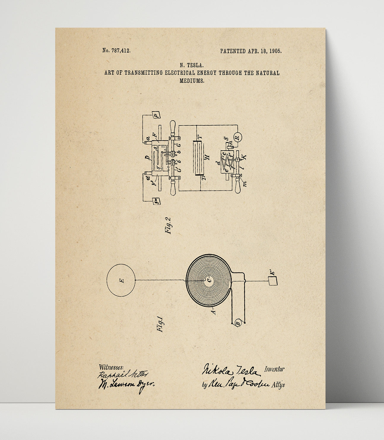 Patent Print - Art Of Transmitting Electrical Energy Through The Natural Mediums - Nikola Tesla - 1905 - Patent 787412 Patent Wall Art