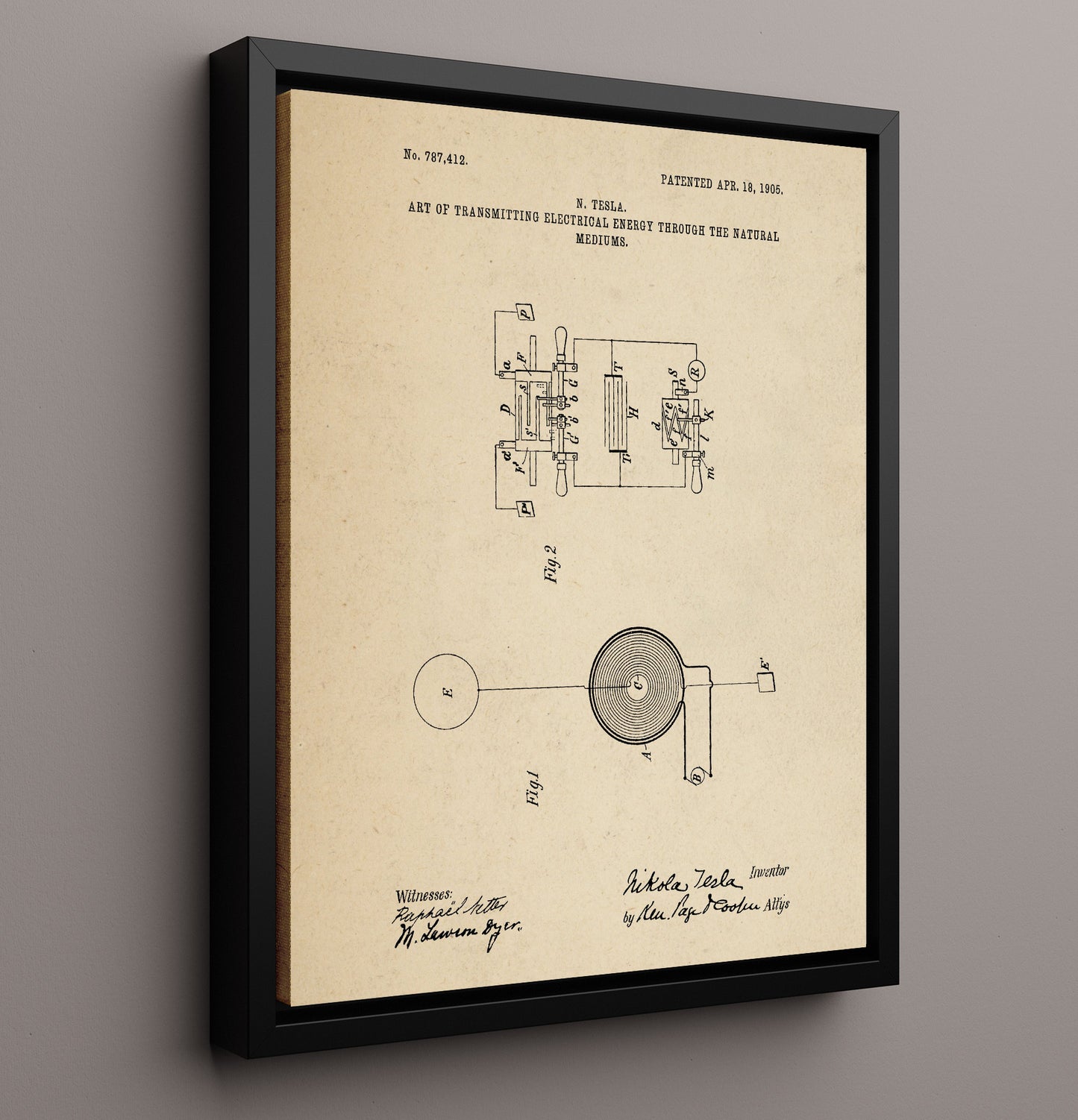 Patent Print - Art Of Transmitting Electrical Energy Through The Natural Mediums - Nikola Tesla - 1905 - Patent 787412 Patent Wall Art