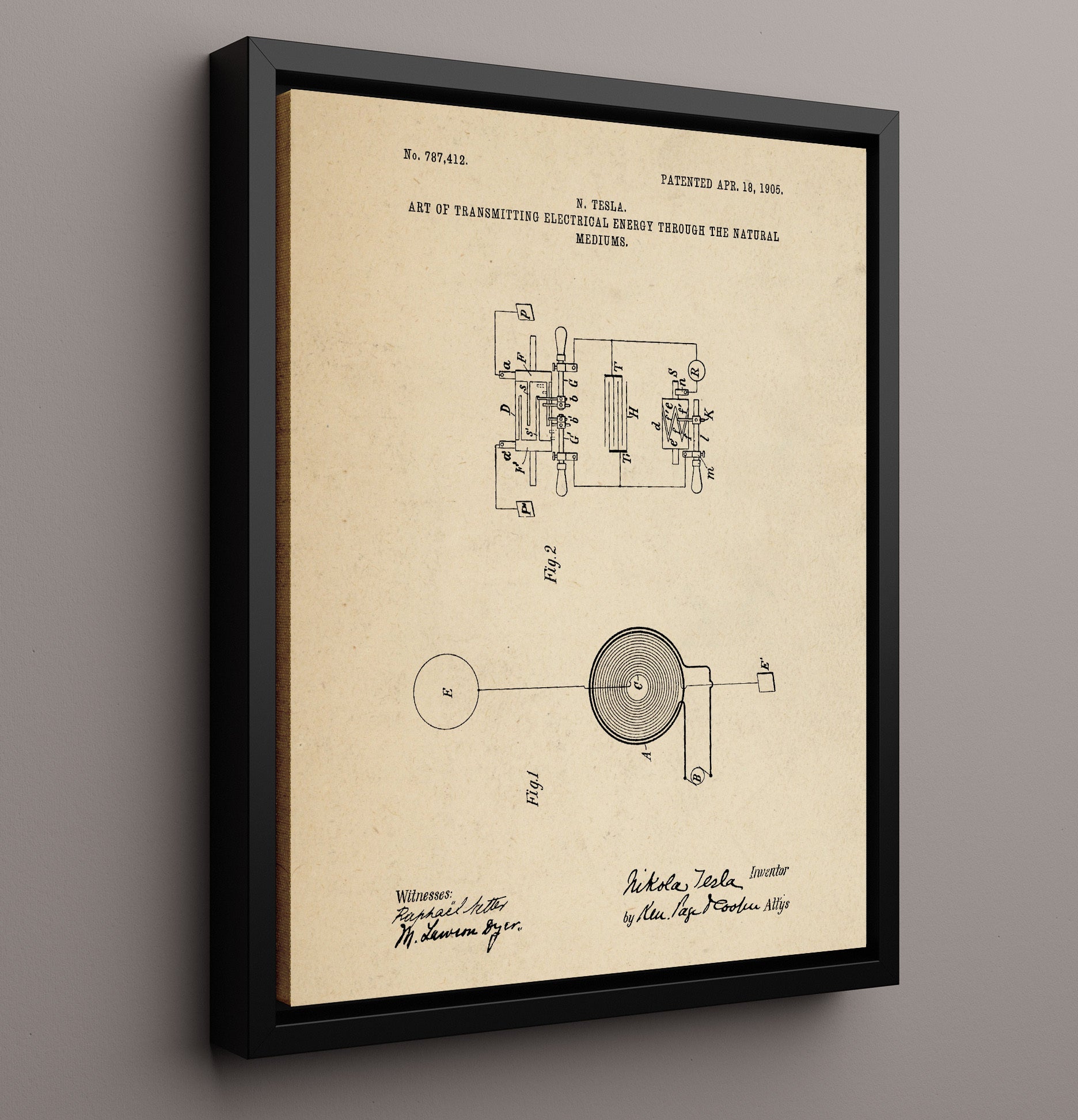 Patent Print - Art Of Transmitting Electrical Energy Through The Natural Mediums - Nikola Tesla - 1905 - Patent 787412 Patent Wall Art