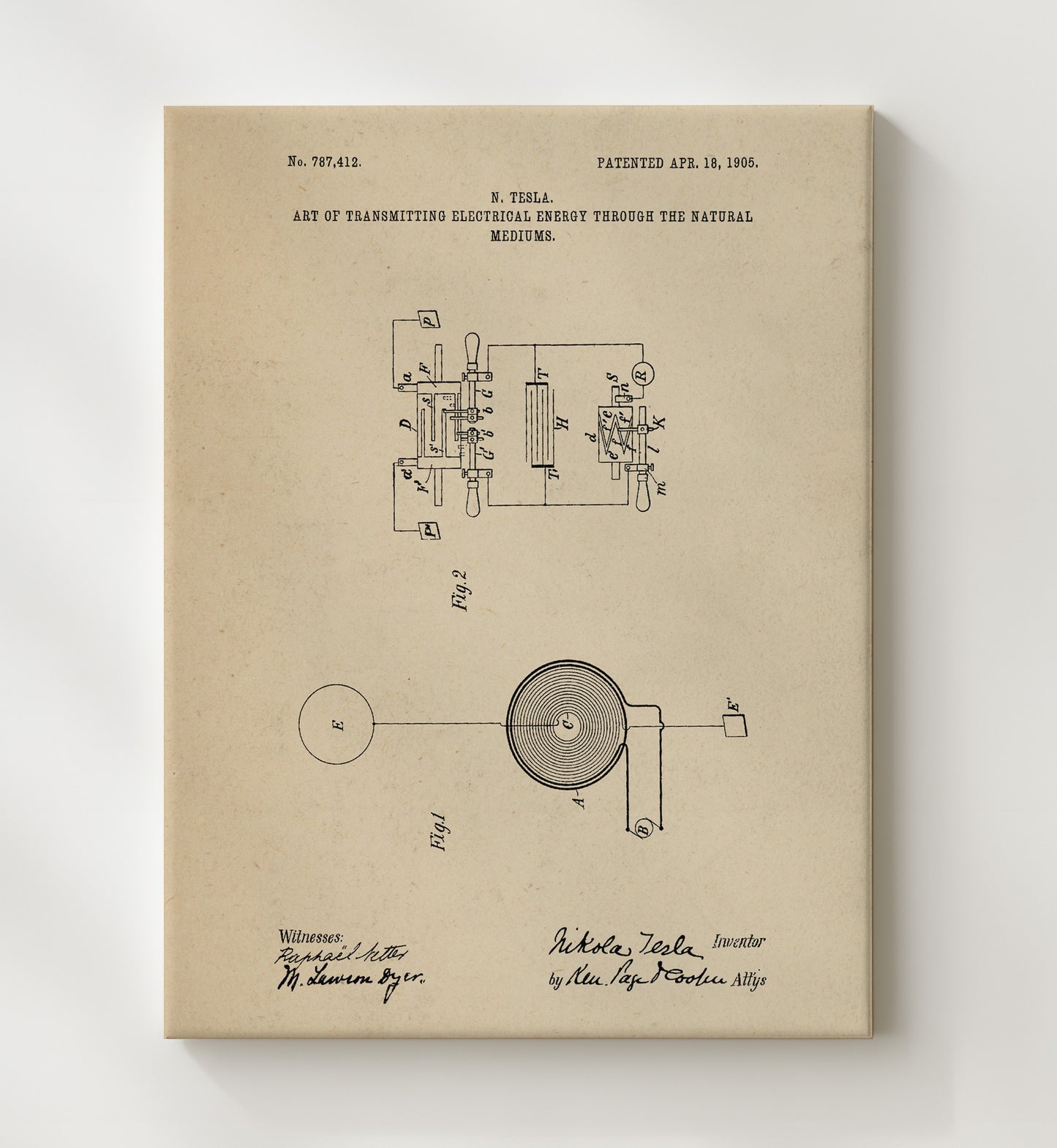 Patent Print - Art Of Transmitting Electrical Energy Through The Natural Mediums - Nikola Tesla - 1905 - Patent 787412 Patent Wall Art