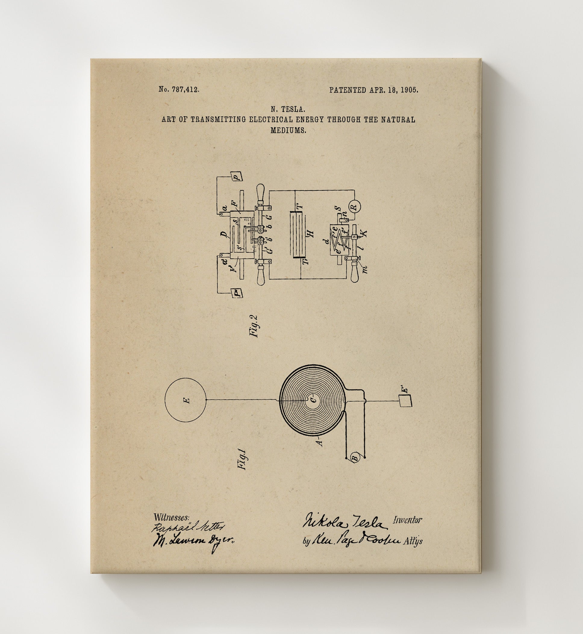 Patent Print - Art Of Transmitting Electrical Energy Through The Natural Mediums - Nikola Tesla - 1905 - Patent 787412 Patent Wall Art