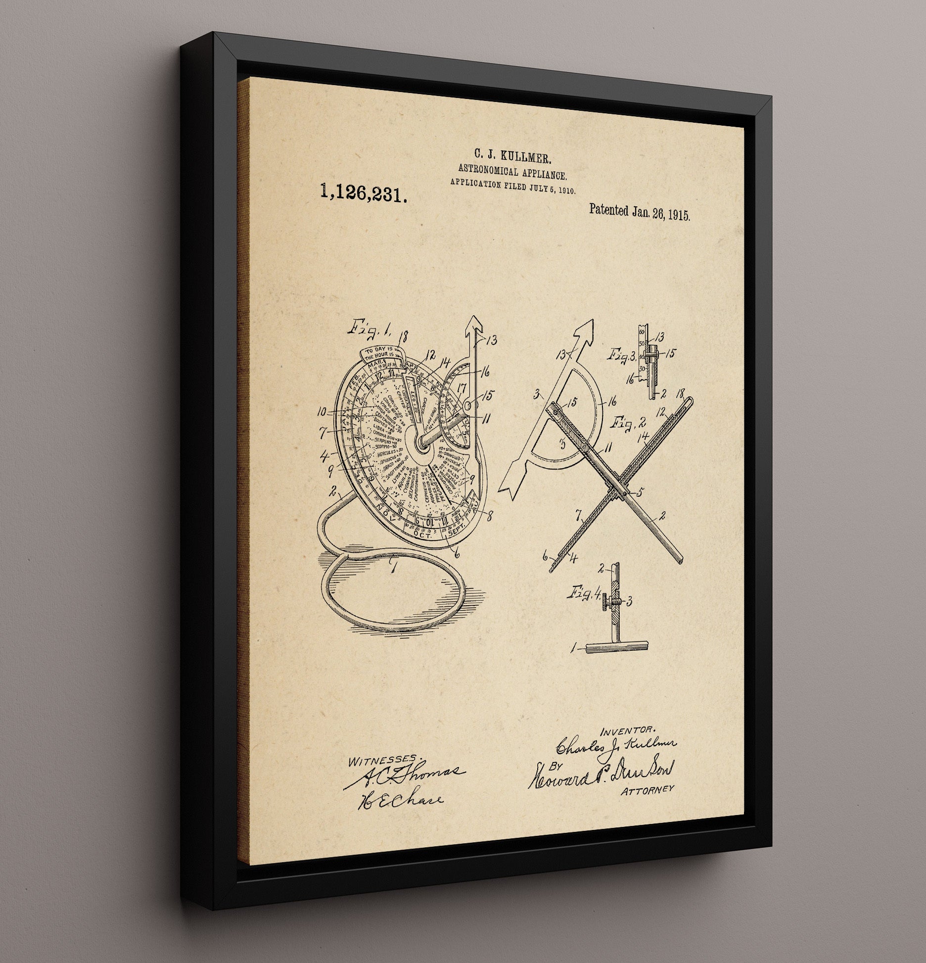 Patent Print - Astronomical Appliance - Charles J Kullmer - 1915 - Patent 1126231 Patent Wall Art