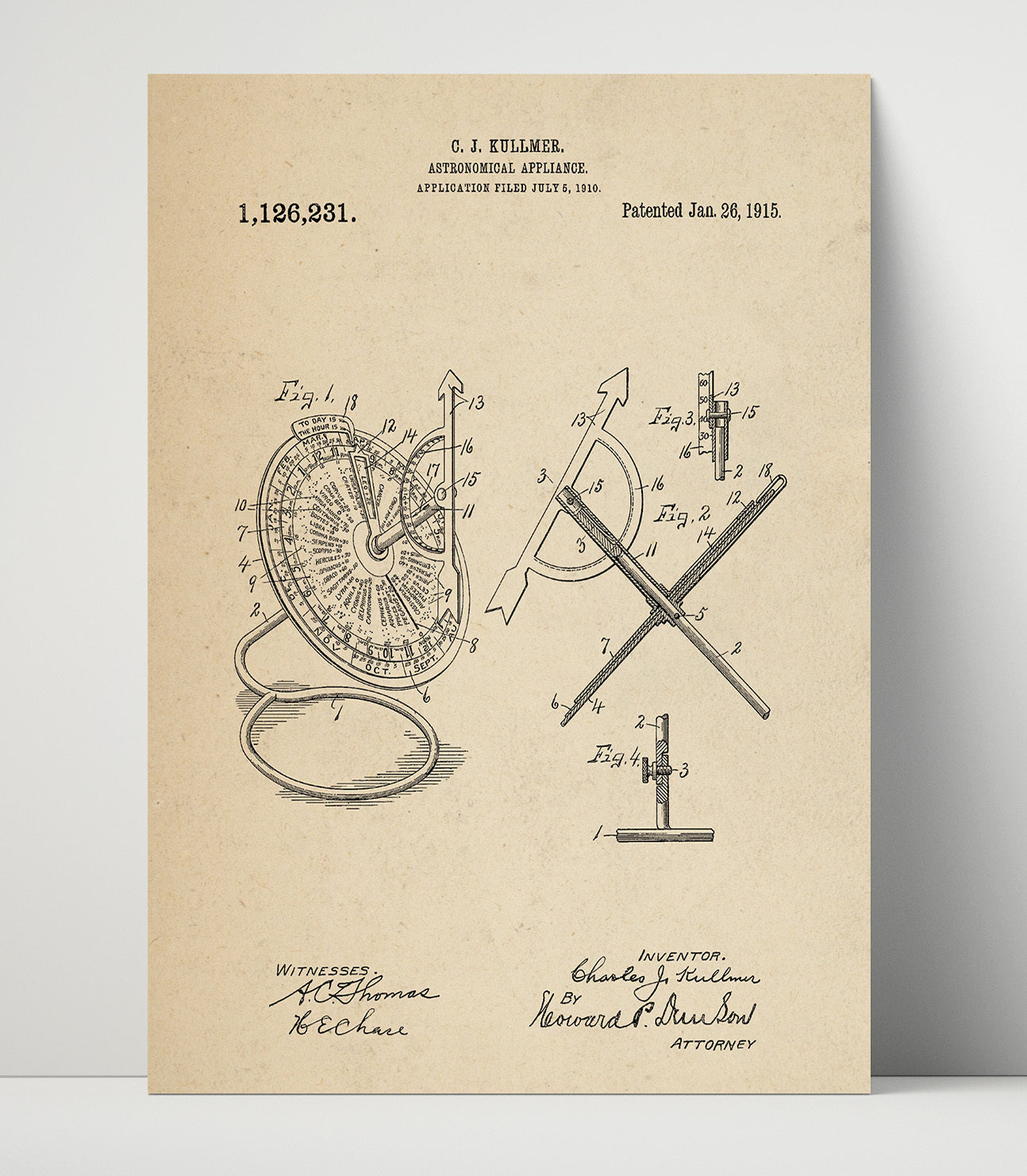 Patent Print - Astronomical Appliance - Charles J Kullmer - 1915 - Patent 1126231 Patent Wall Art