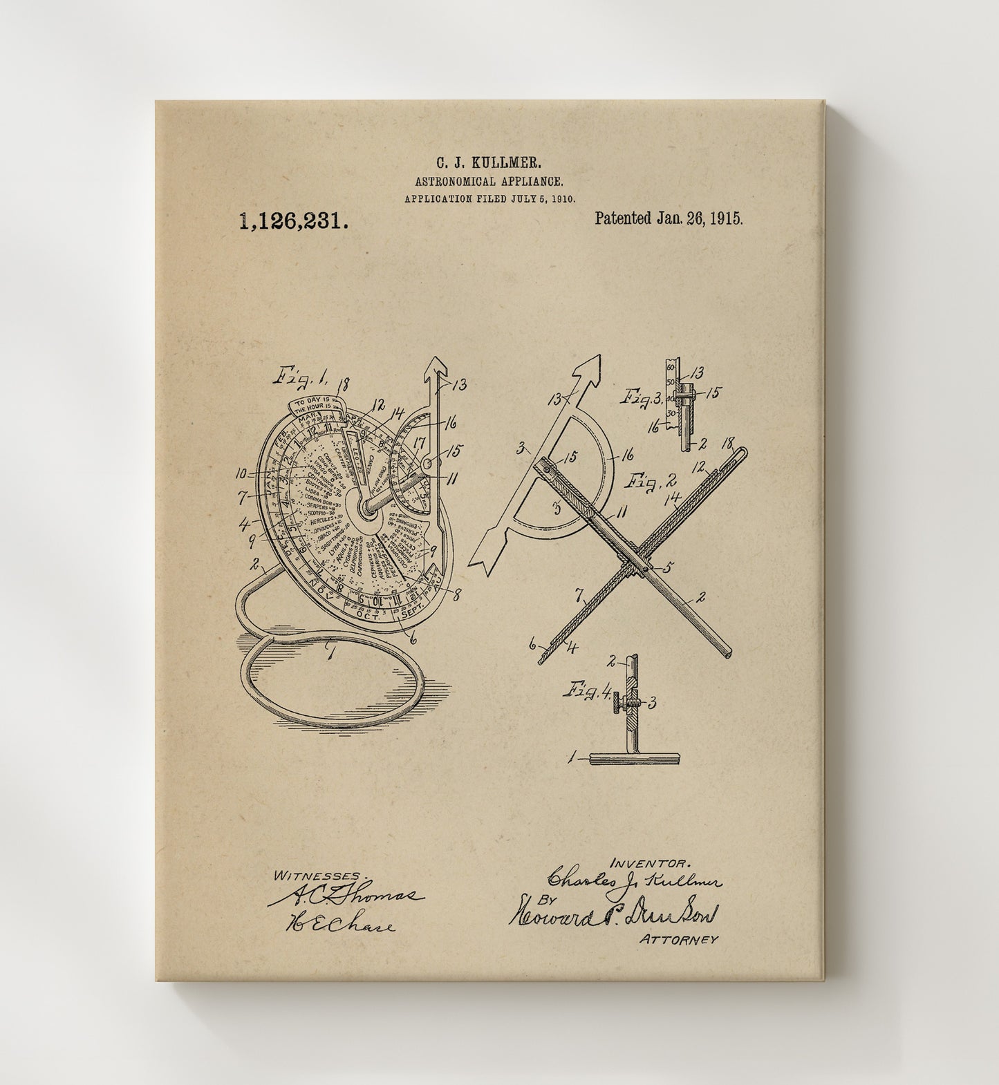 Patent Print - Astronomical Appliance - Charles J Kullmer - 1915 - Patent 1126231 Patent Wall Art