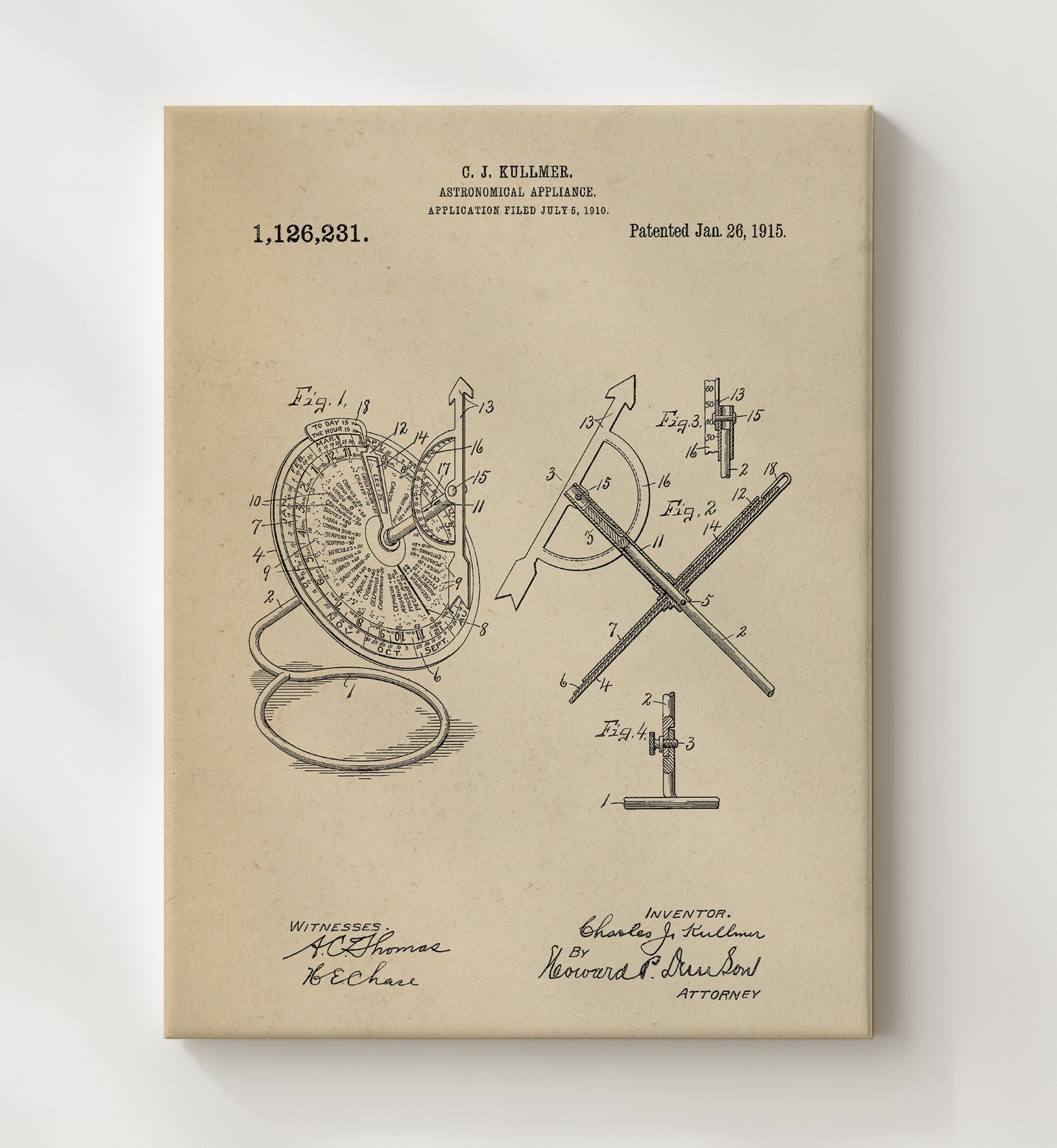 Patent Print - Astronomical Appliance - Charles J Kullmer - 1915 - Patent 1126231 Patent Wall Art