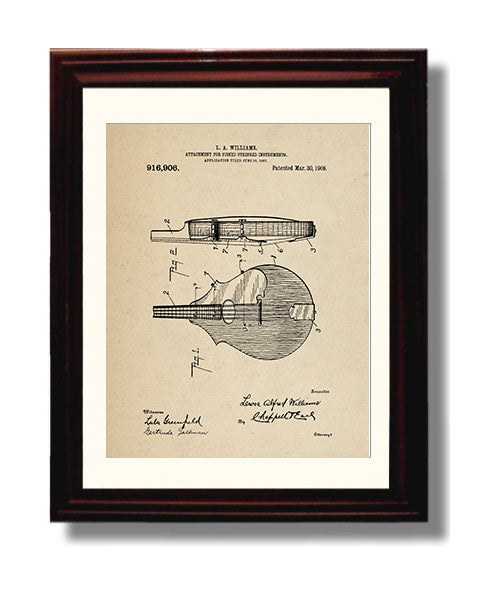 Patent Print - Attachment For Picked Stringed Instruments - L. A. Williams - 1909 - Patent 916906 Patent Wall Art