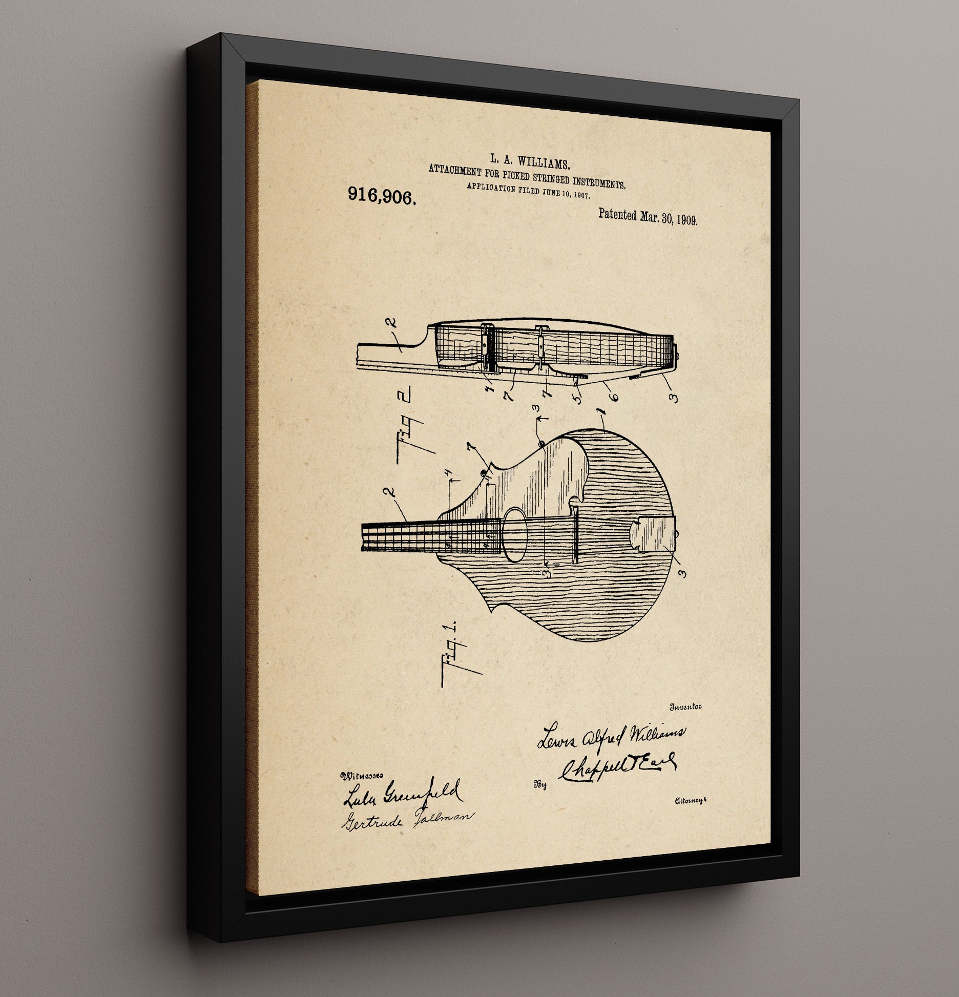 Patent Print - Attachment For Picked Stringed Instruments - L. A. Williams - 1909 - Patent 916906 Patent Wall Art