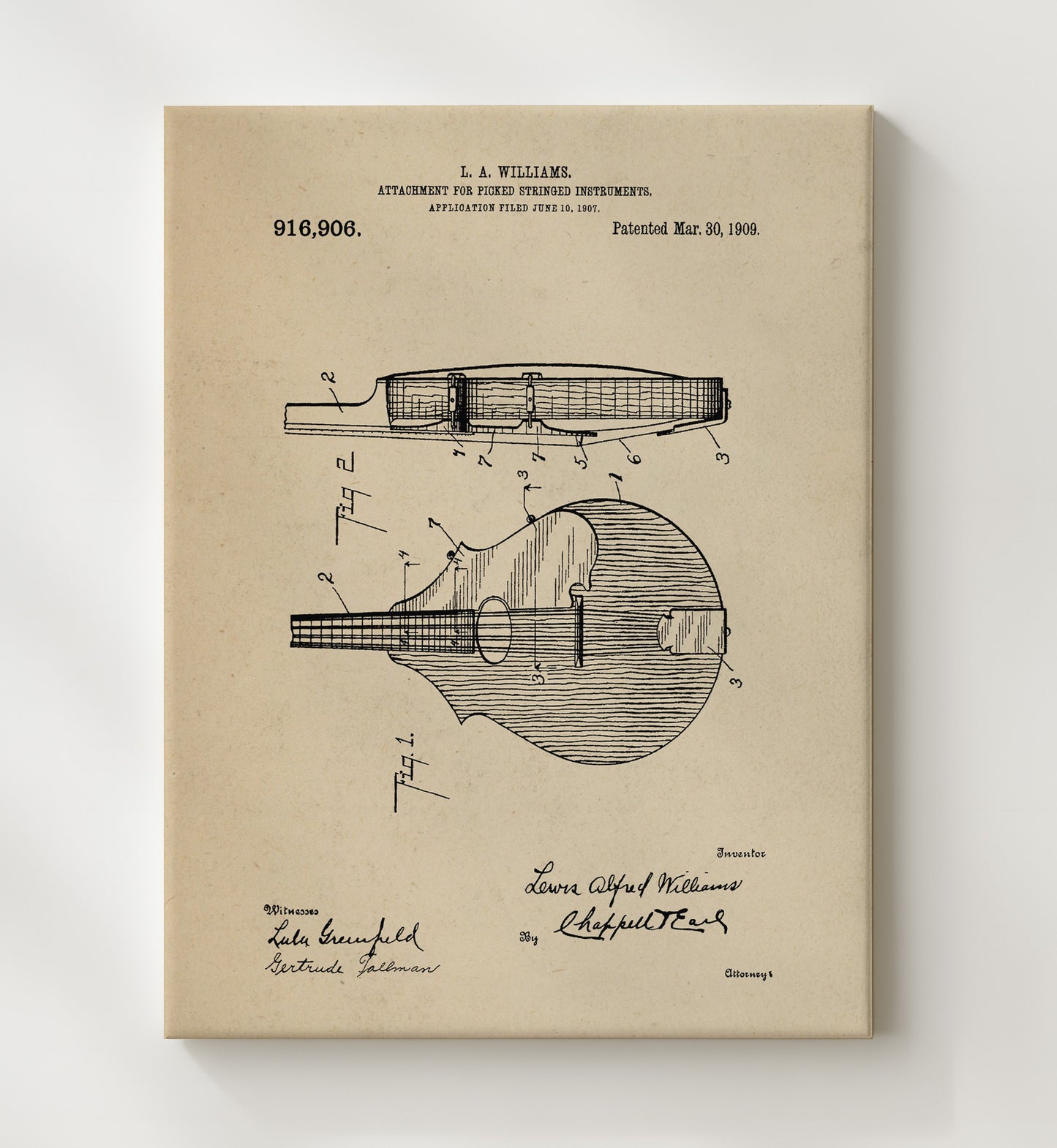 Patent Print - Attachment For Picked Stringed Instruments - L. A. Williams - 1909 - Patent 916906 Patent Wall Art