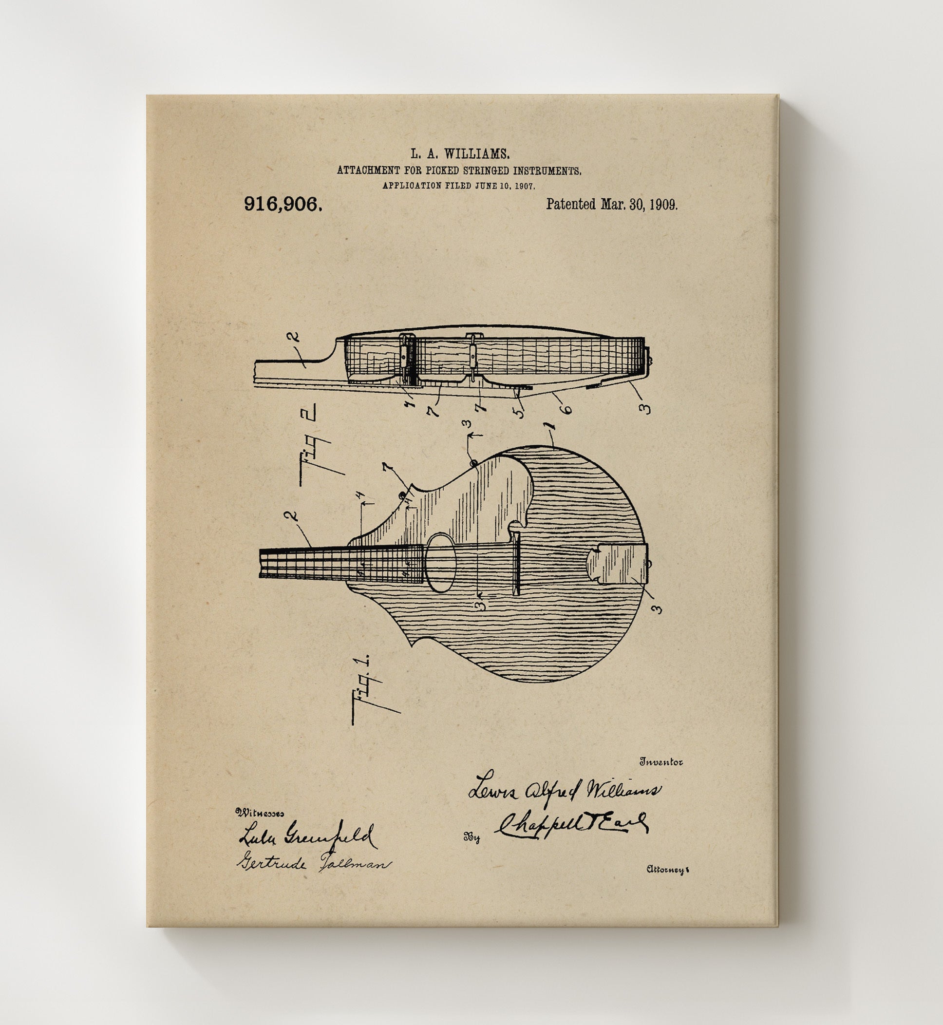 Patent Print - Attachment For Picked Stringed Instruments - L. A. Williams - 1909 - Patent 916906 Patent Wall Art