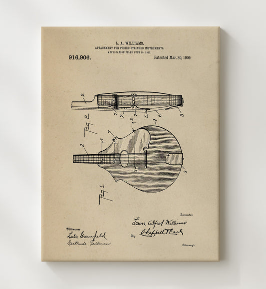 Attachment For Picked Stringed Instruments 1909 patent print wall art 8x10 Canvas