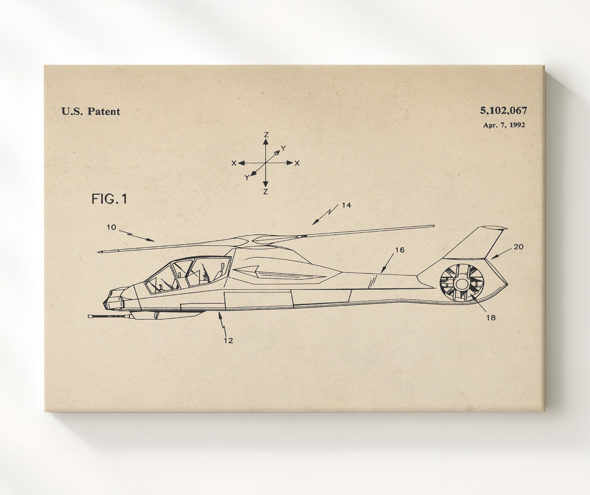 Patent Print - Attack Helicopter - Unknown Inventor - 1992 - Patent 5102067 - Landscape Patent Wall Art