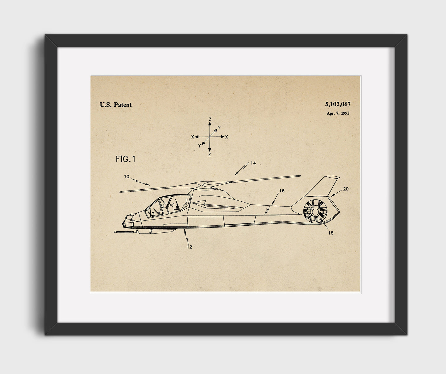 Patent Print - Attack Helicopter - Unknown Inventor - 1992 - Patent 5102067 - Landscape Patent Wall Art