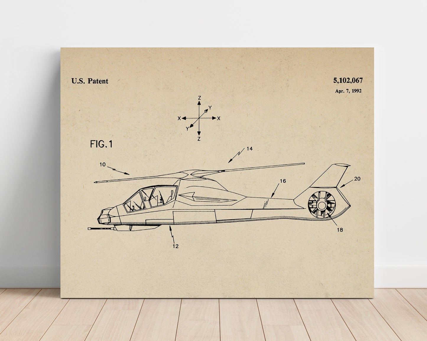 Patent Print - Attack Helicopter - Unknown Inventor - 1992 - Patent 5102067 - Landscape Patent Wall Art