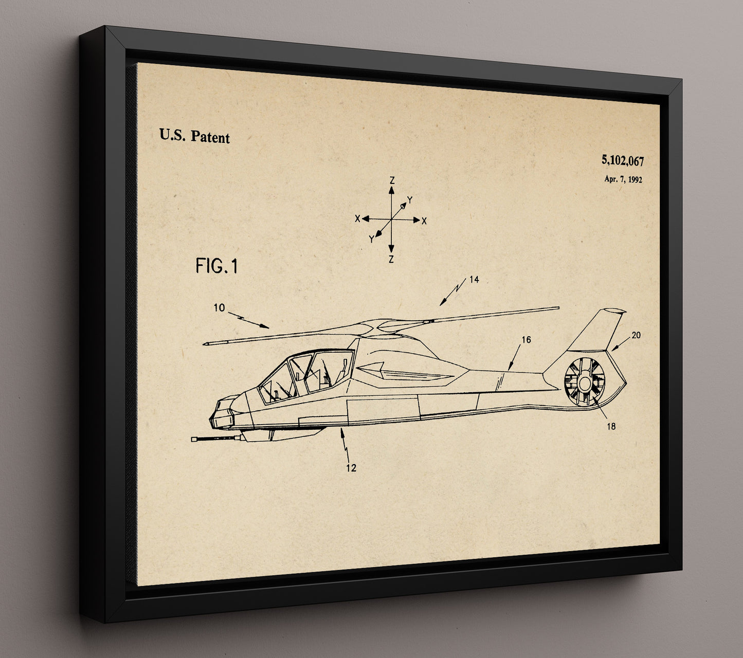 Patent Print - Attack Helicopter - Unknown Inventor - 1992 - Patent 5102067 - Landscape Patent Wall Art