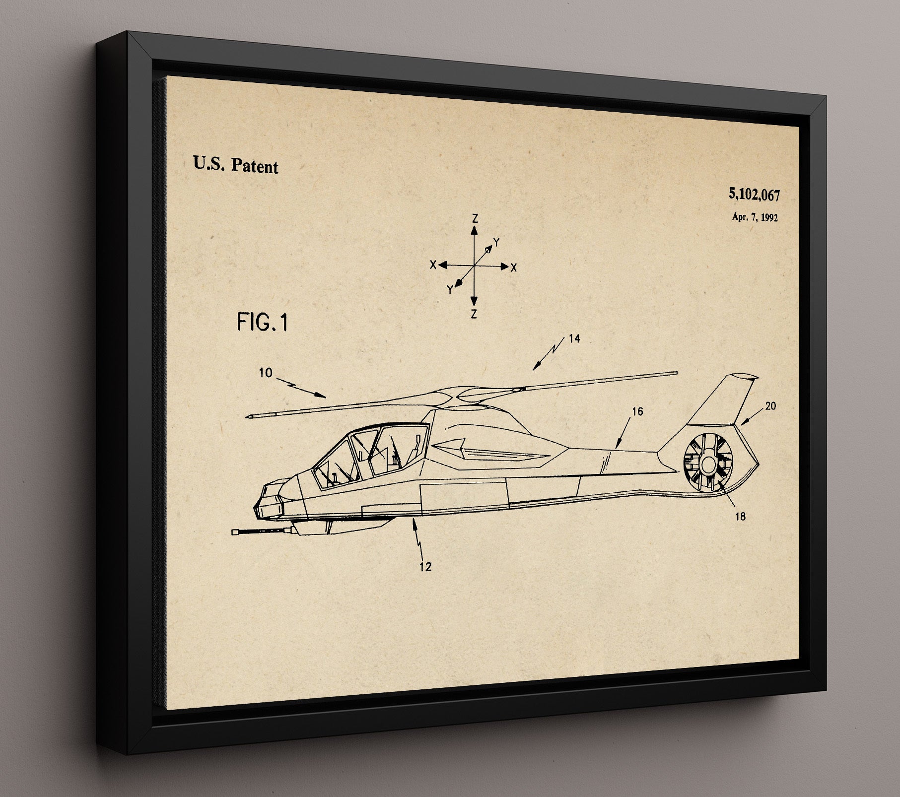 Patent Print - Attack Helicopter - Unknown Inventor - 1992 - Patent 5102067 - Landscape Patent Wall Art