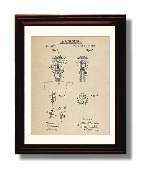Patent Print - Automatic Fire Sprinkler - Abbott F Carpenter - 1895 - Patent 546087 Patent Wall Art
