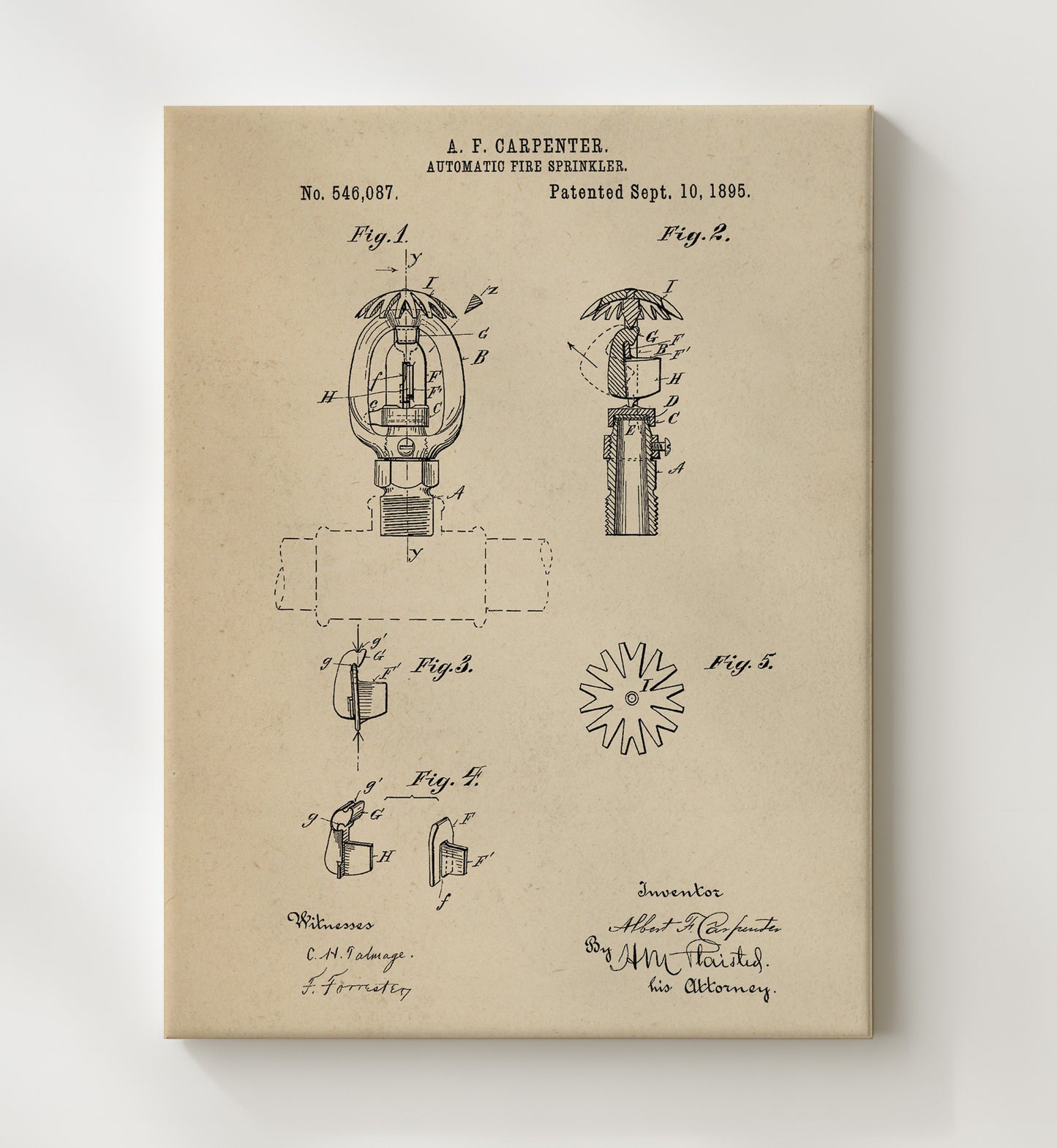 Patent Print - Automatic Fire Sprinkler - Abbott F Carpenter - 1895 - Patent 546087 Patent Wall Art