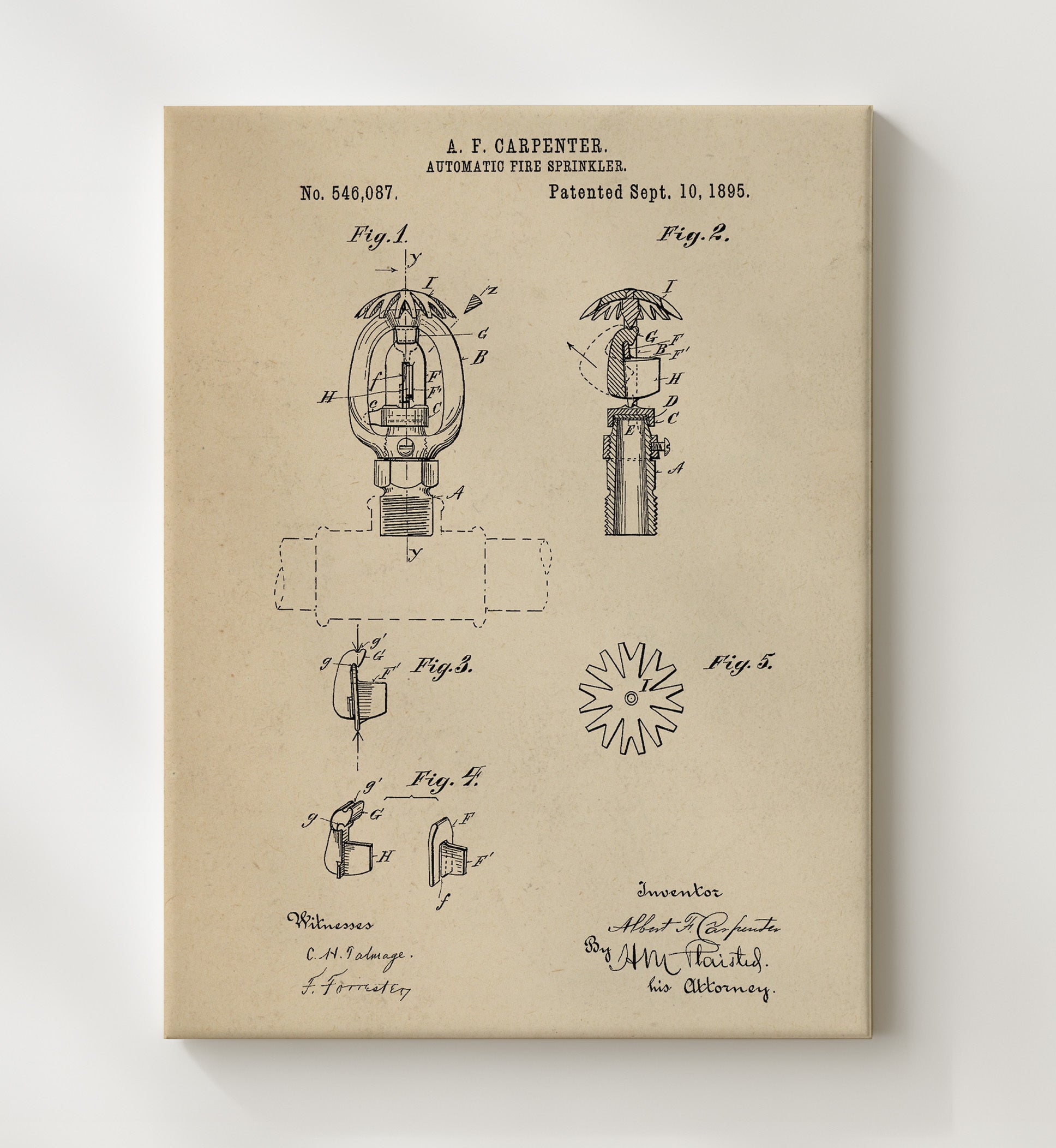 Patent Print - Automatic Fire Sprinkler - Abbott F Carpenter - 1895 - Patent 546087 Patent Wall Art