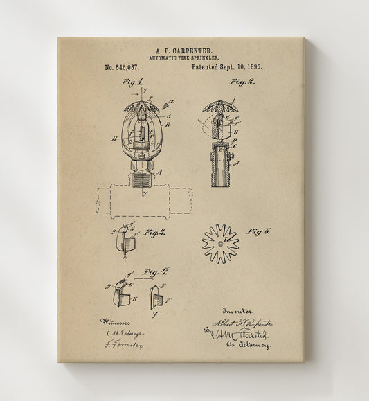 Automatic Fire Sprinkler 1895 patent print wall art 8x10 Canvas
