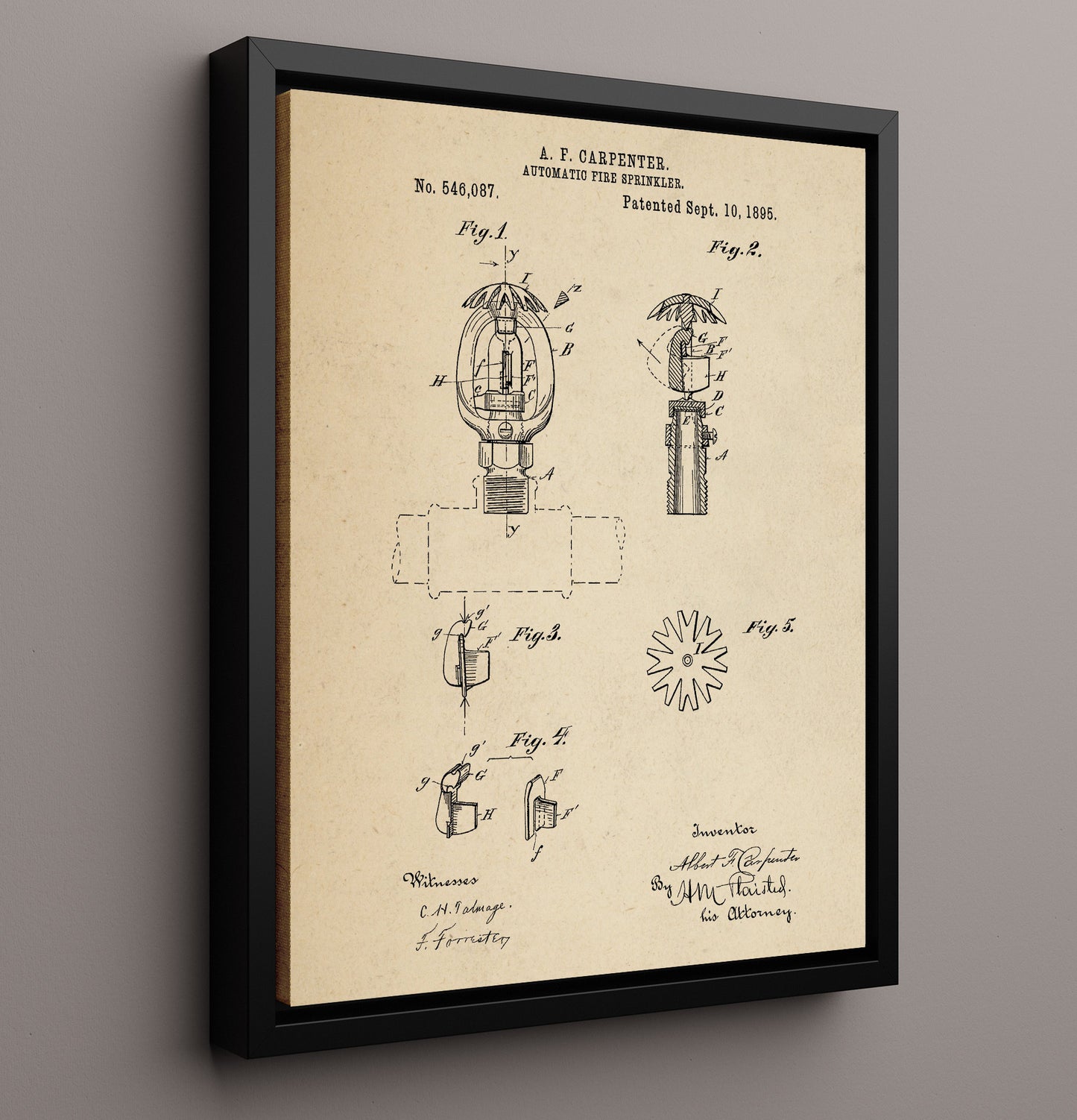Patent Print - Automatic Fire Sprinkler - Abbott F Carpenter - 1895 - Patent 546087 Patent Wall Art