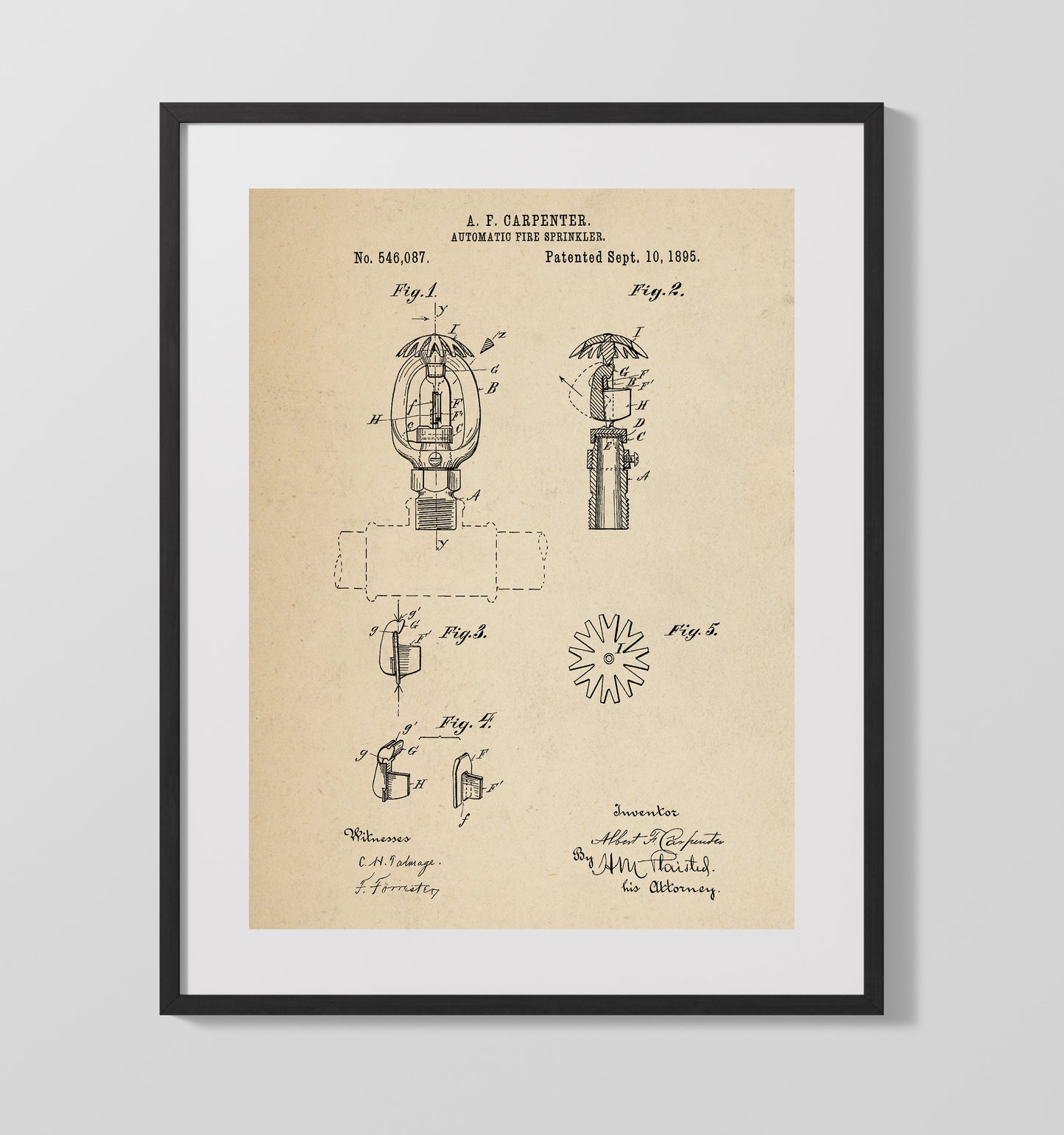Patent Print - Automatic Fire Sprinkler - Abbott F Carpenter - 1895 - Patent 546087 Patent Wall Art
