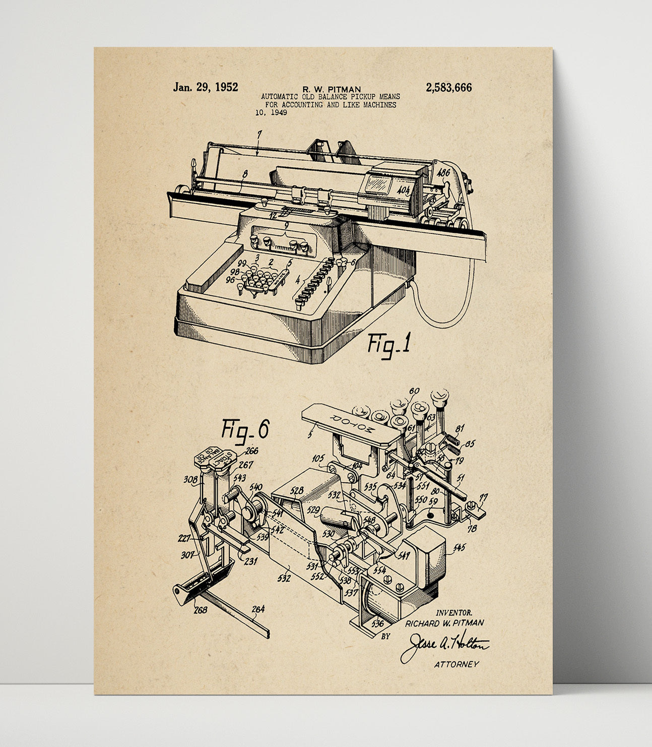Patent Print - Automatic Old Balance Pickup Means For Accounting And Like Machines - R. W. Pitman - 1952 - Patent 2583666 Patent Wall Art